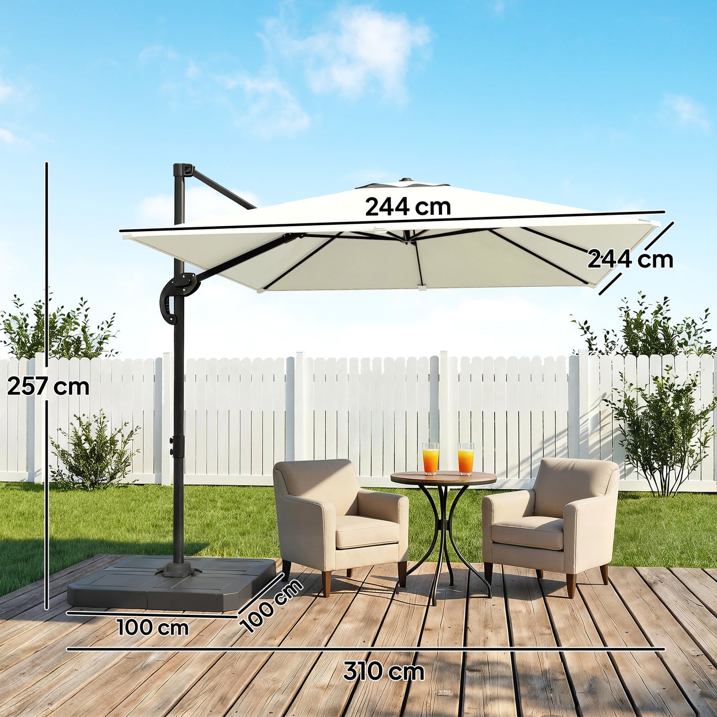 Outsunny 2.4 x 2.4m Cantilever Parasol With Umbrella Weights UPF50 Offset Outdoor Umbrella Cream White