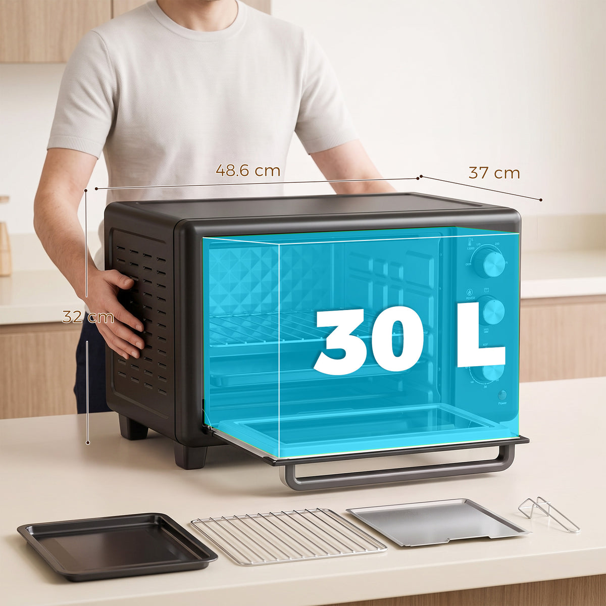 Black 30L mini oven with included trays and wire rack on countertop