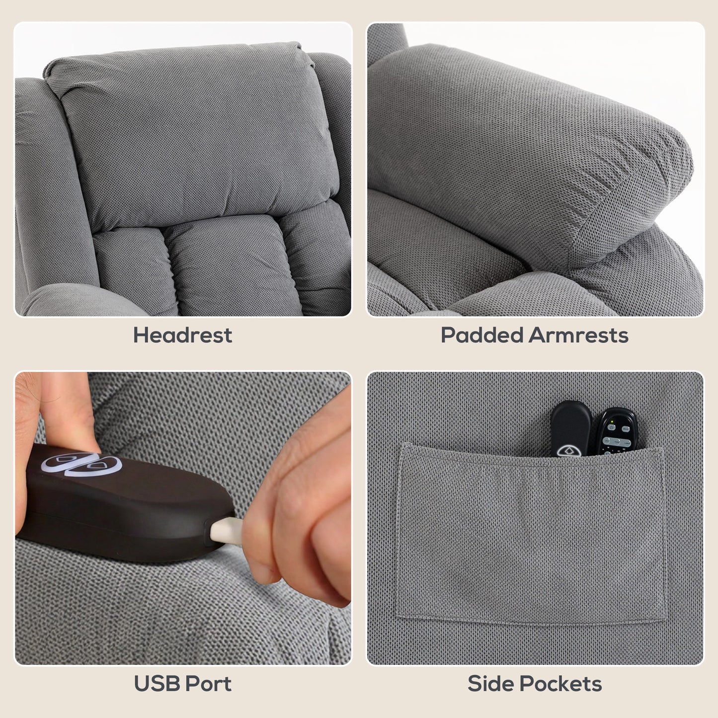 HOMCOM Electric Recliner Lift Chair With Vibration Massage And Heat, Wide Seat, USB Port, Light Grey