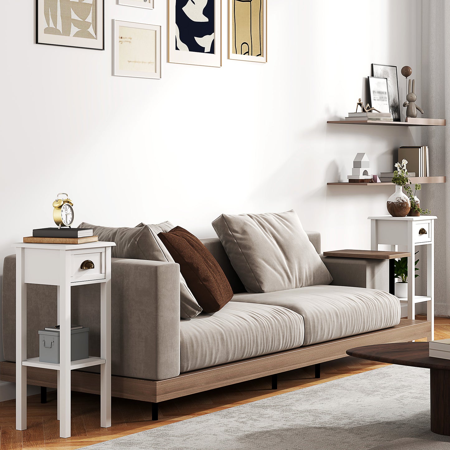HOMCOM Two Tier Bedside Tables Set of Two with Drawer and Shelf White for Living Room and Hallway