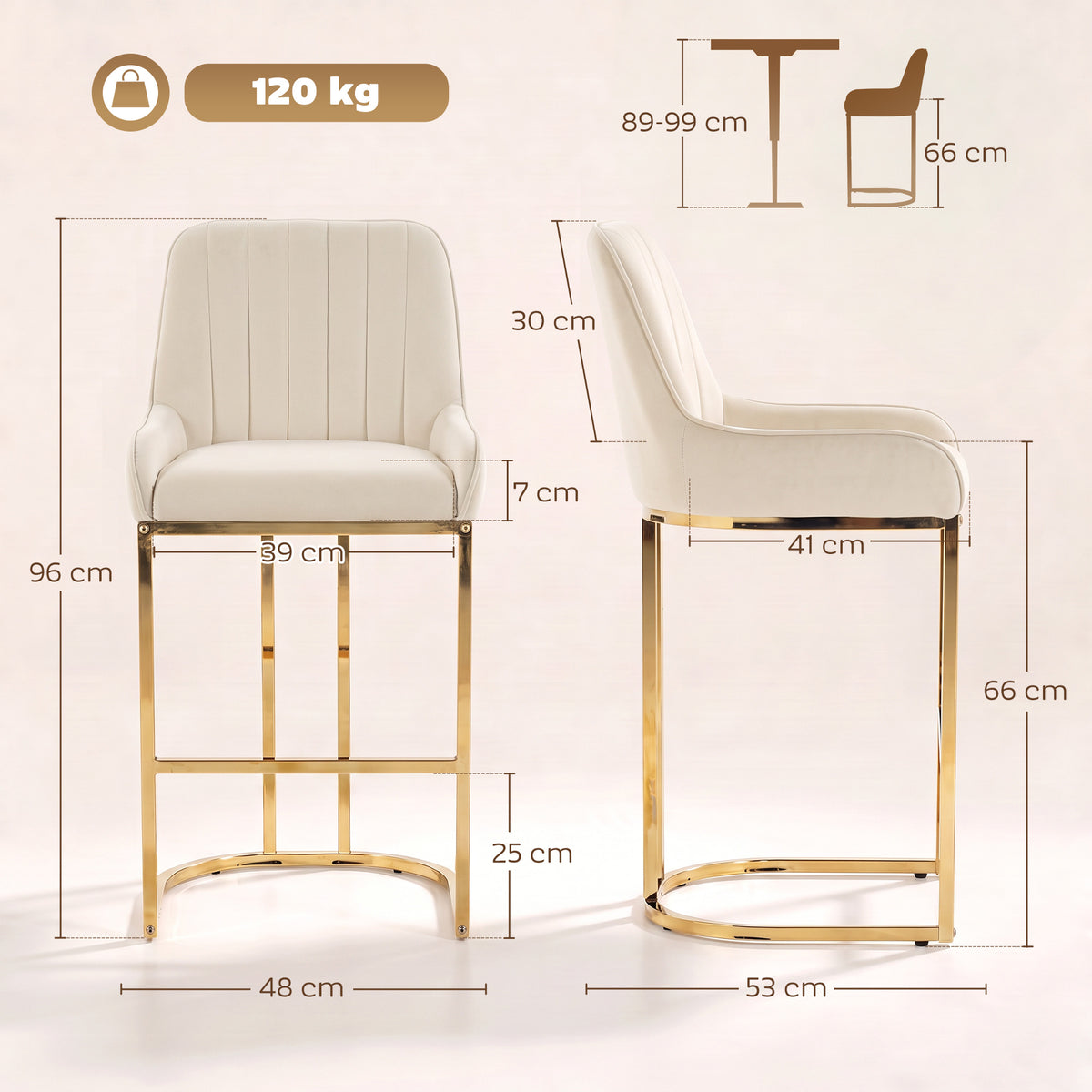 Cream white velvet bar stool with tall backrest and footrest, gold frame; product dimensions
