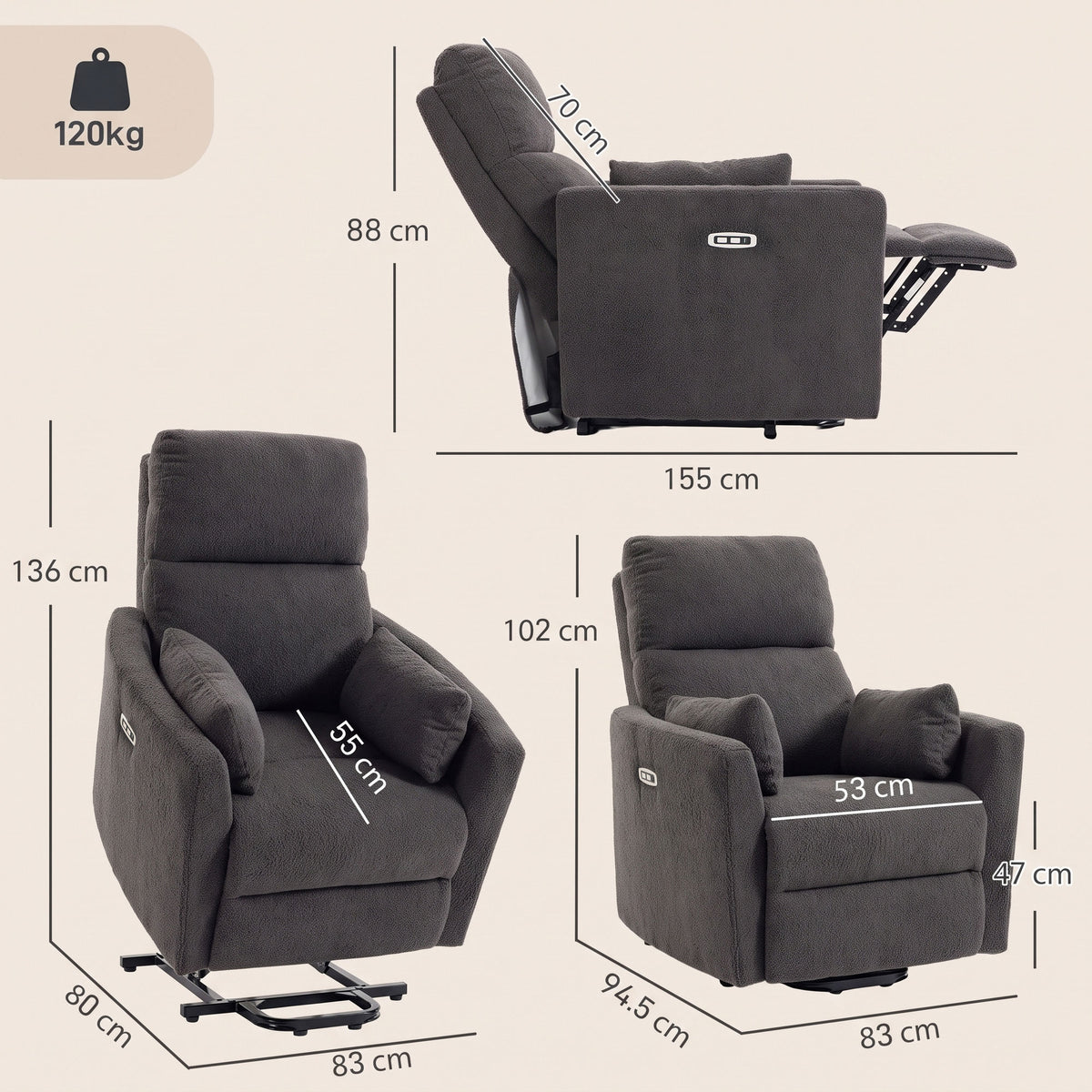 HOMCOM Electric Lift Recliner Chair with Massage and Heat Teddy Fleece Dark Grey