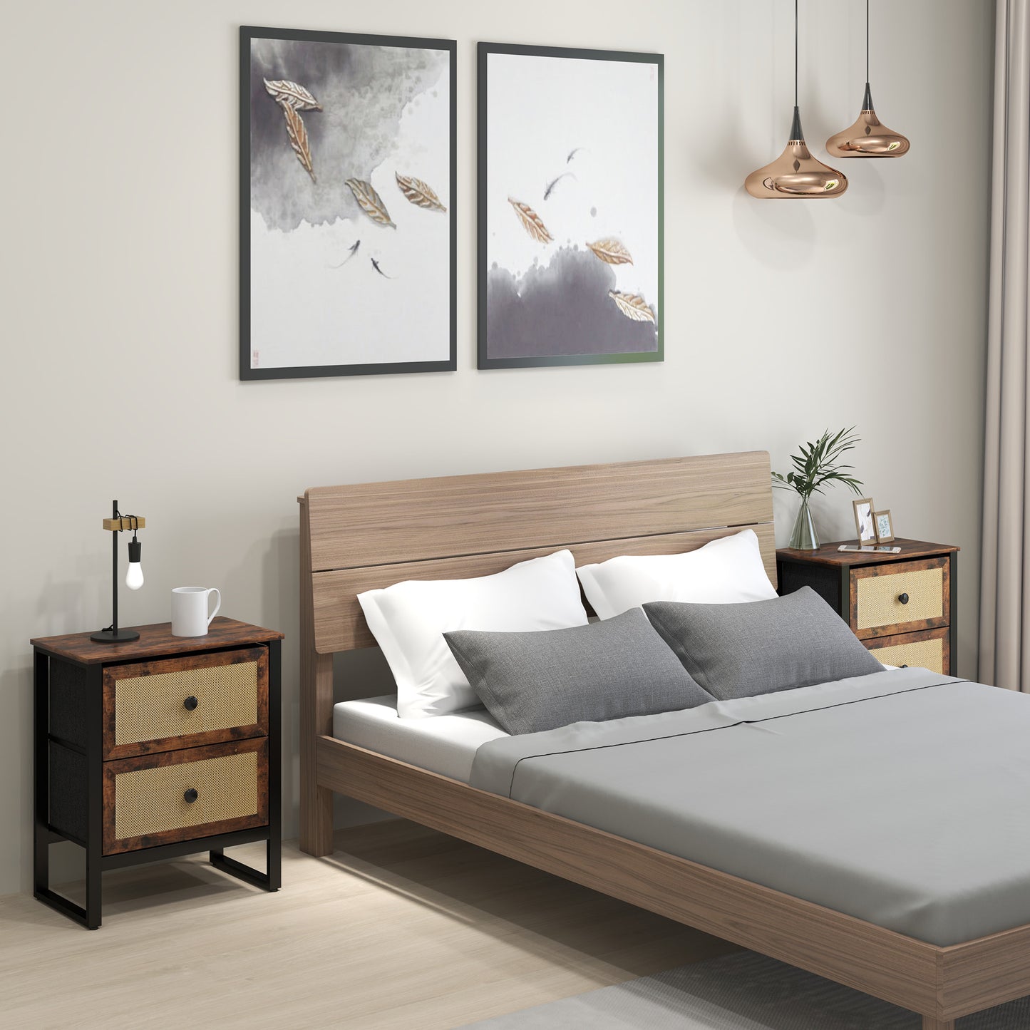 HOMCOM Industrial Natural Bedside Table Set of 2 Brown With Two Drawers and Woven Panels