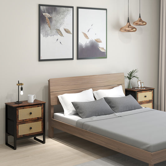 HOMCOM Industrial Natural Bedside Table Set of 2 Brown With Two Drawers and Woven Panels