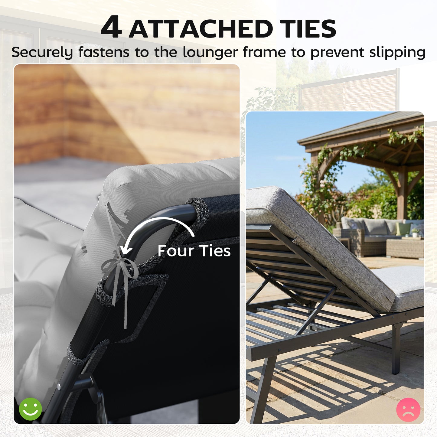 Outsunny Sun Lounger Cushions Set of 2 Light Grey Weather Resistant Replacement Pads with 4 Ties for Lounge Chairs