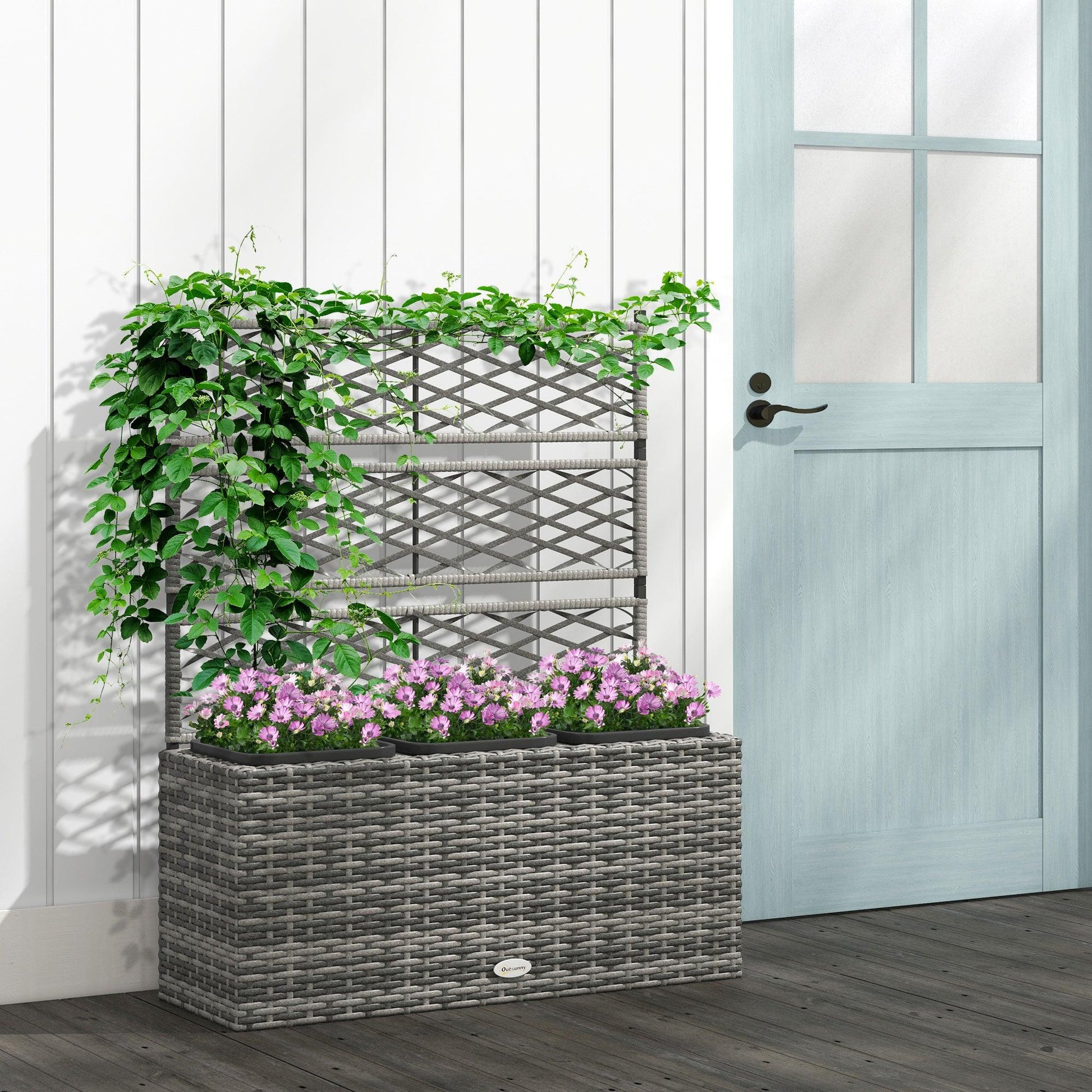 Outsunny 33L Garden PE Rattan Planter w/ Trellis, Free Standing Flower Raised Bed, Garden Planter for Climbing Plants, 84 x 30 x 107cm, Light Grey - ALL4U RETAILER LTD