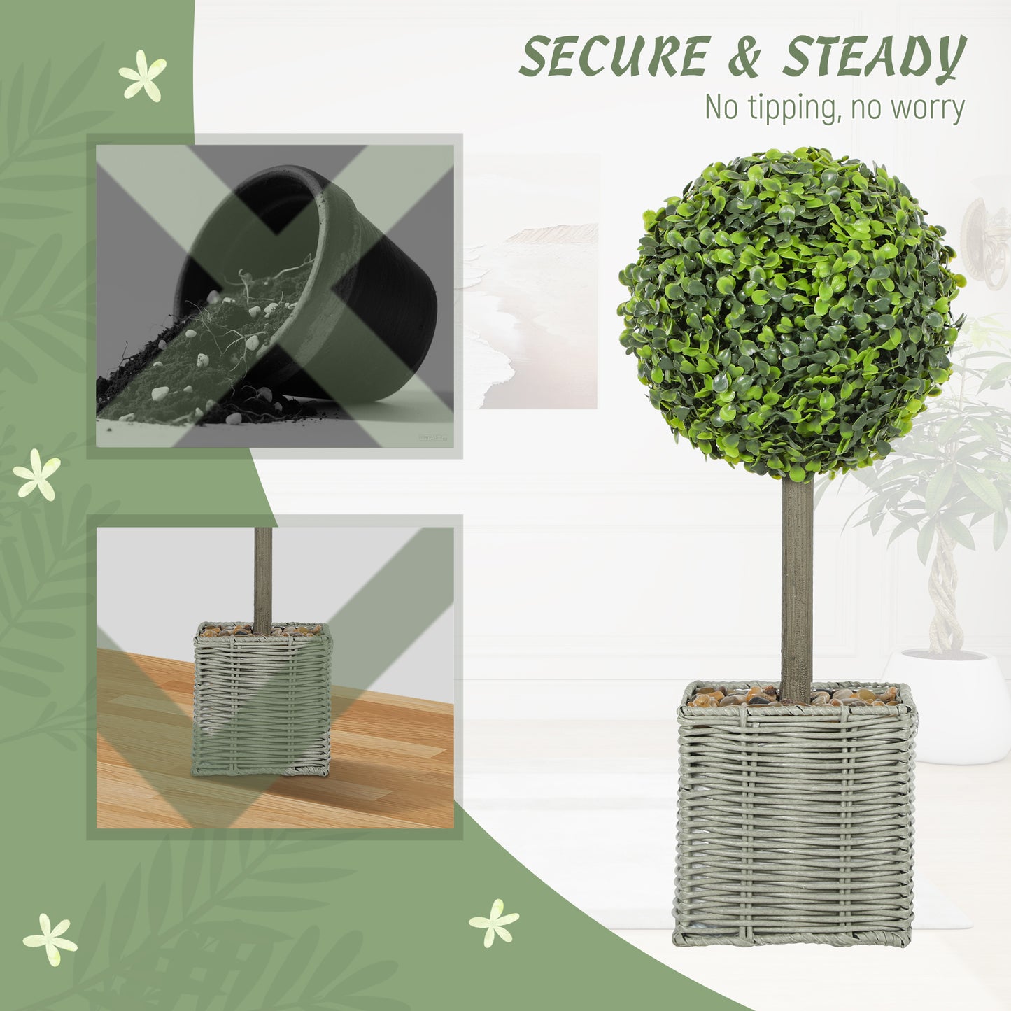 HOMCOM Set of 2 Decorative Artificial Plants 50cm Boxwood Topiary Balls in Woven Plastic Pots for Home Office Decor Green