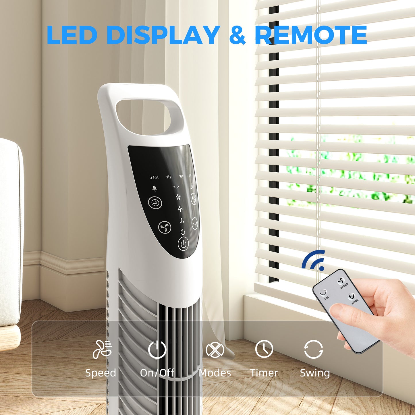 HOMCOM Tower Fan Oscillating With Remote Control 3 Speeds 3 Wind Modes Natural Normal Sleep 40W Timer White