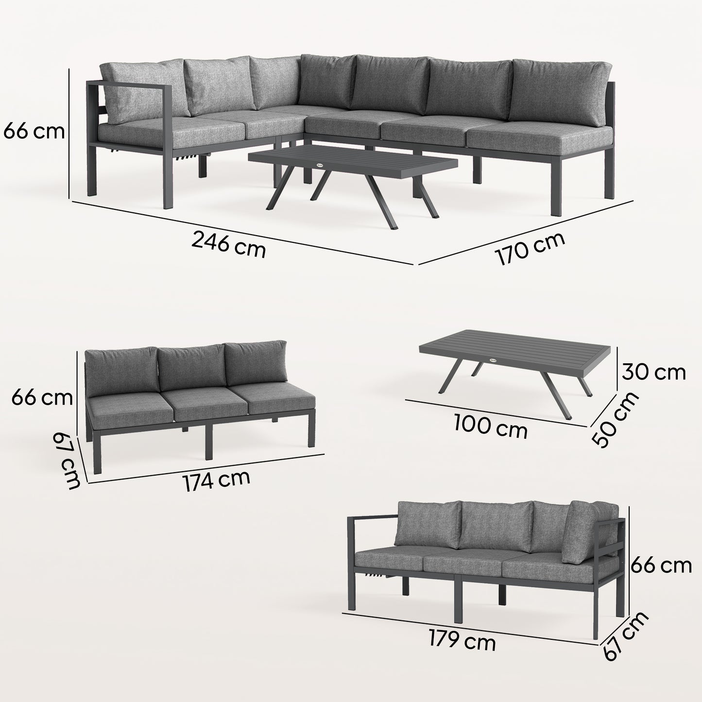 Outsunny 3 Piece Aluminium Garden Furniture Set With Adjustable Backrest Corner Lounge And Coffee Table