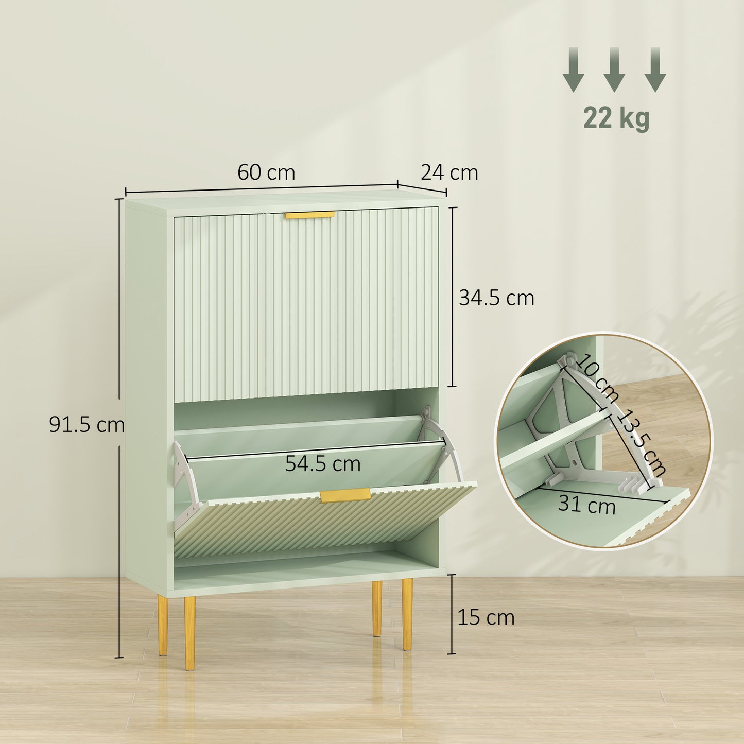 HOMCOM Elegant Two Drawer Shoe Cabinet In Light Green With Ridged Front Doors And Gold Accents Holds 6 to 12 Pairs