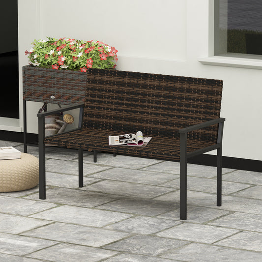 Outsunny Two Seater Rattan Garden Bench With Quick Drying Padding And Armrests Steel Frame Patio Loveseat Mixed Brown