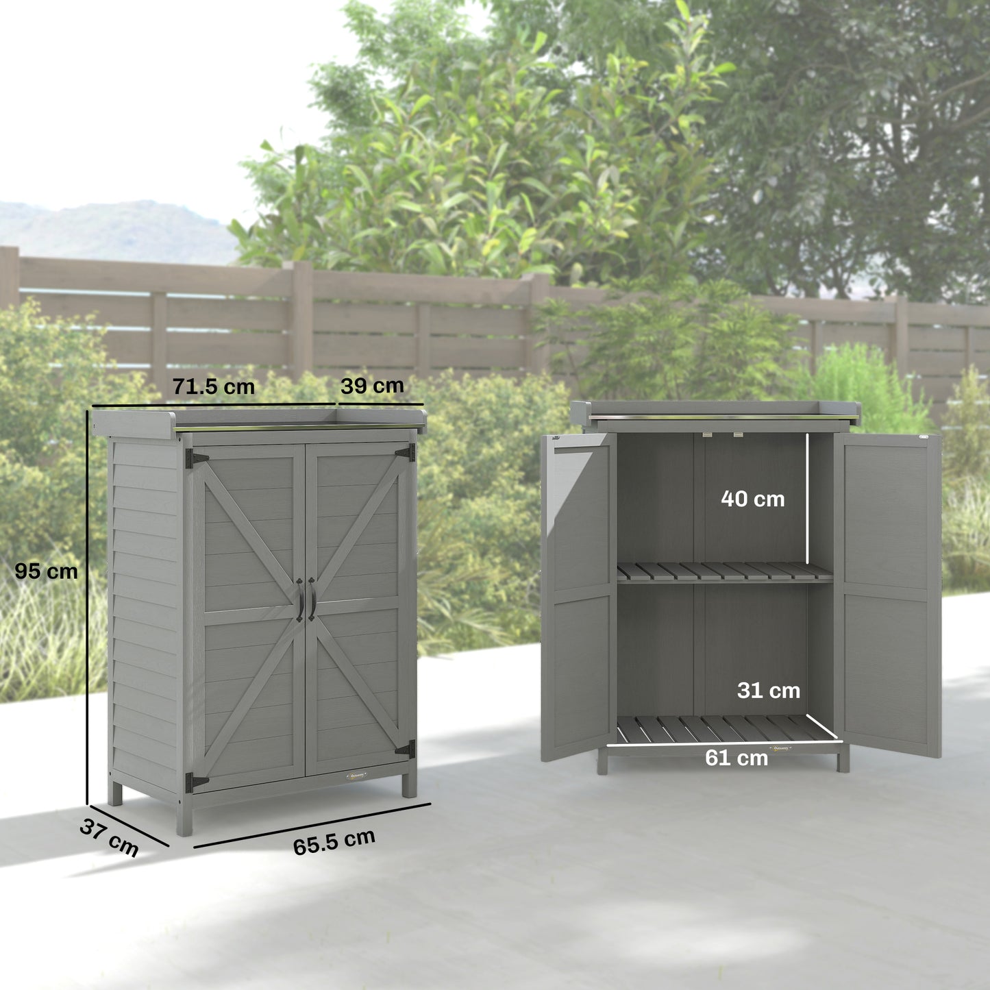 Outsunny Wooden Garden Shed With Potting Table And Shelving For Tool Storage Side Hooks 71.5 x 39 x 95 cm Grey