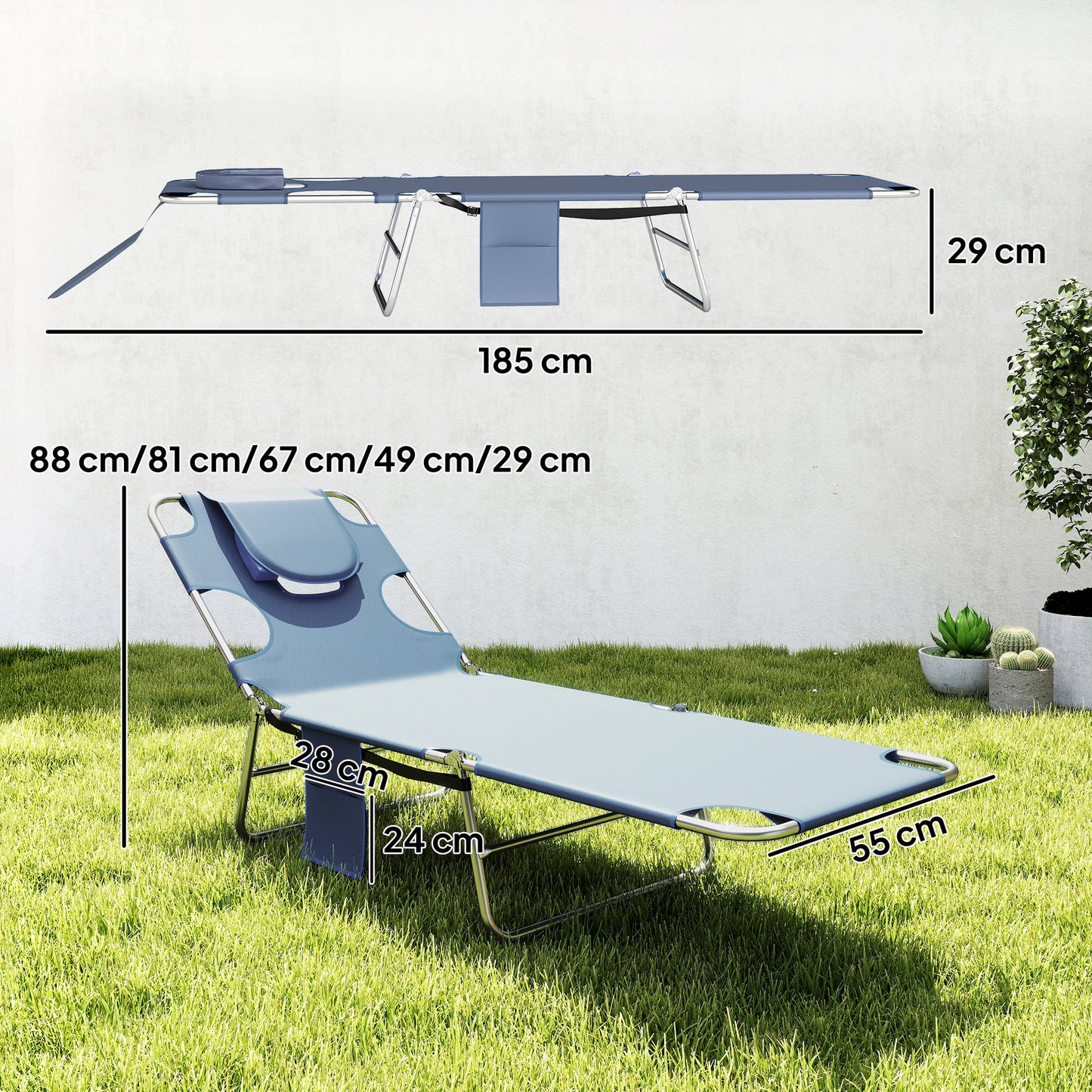 Outsunny 5 Position Adjustable Sun Loungers Set Of 2 With Reading Hole And Side Pocket Grey