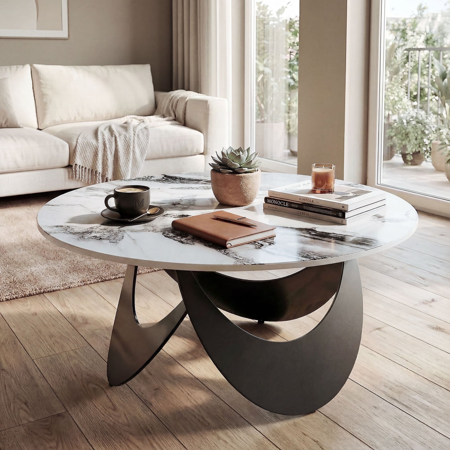 HOMCOM Sintered Stone Coffee Table With Adjustable Foot Pads Modern Centre Table For Living Room White And Black