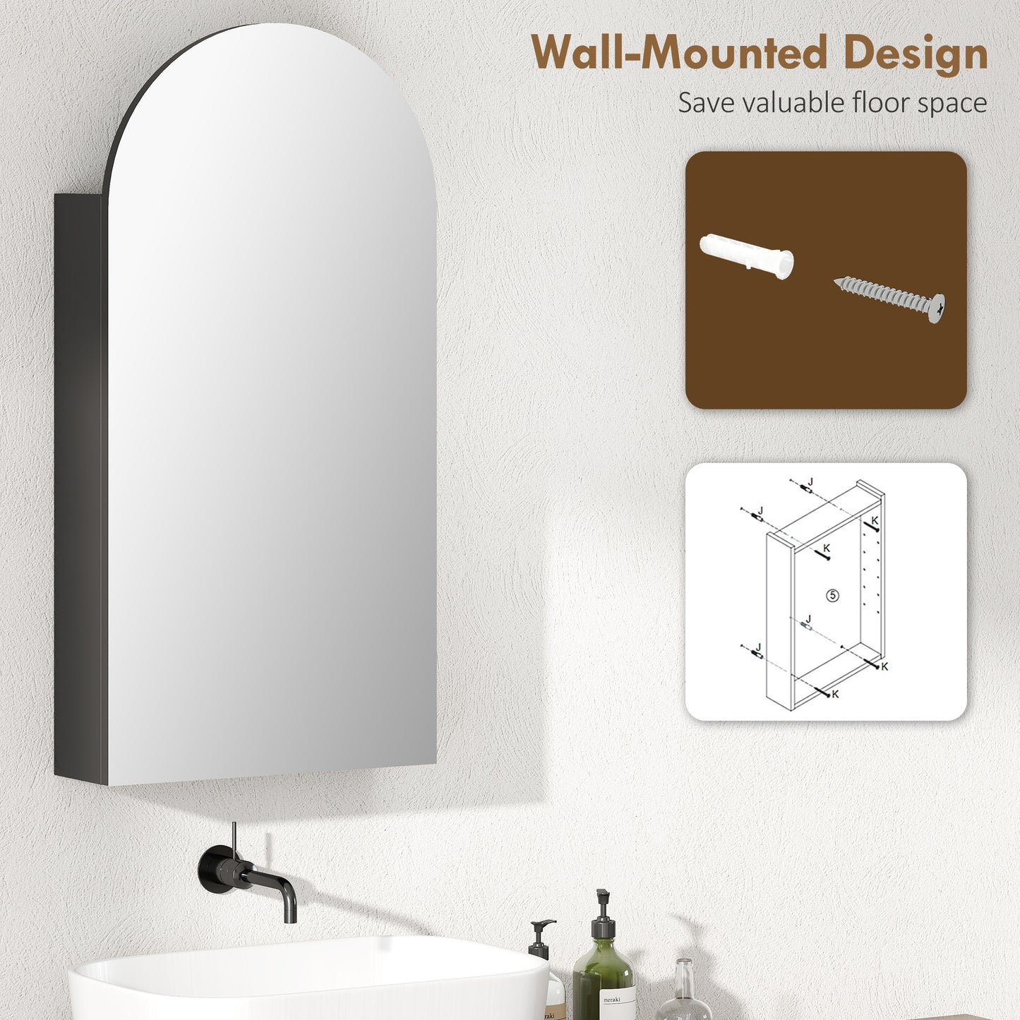 HOMCOM Arched Bathroom Mirror Cabinet With Adjustable Glass Shelves Black Finish