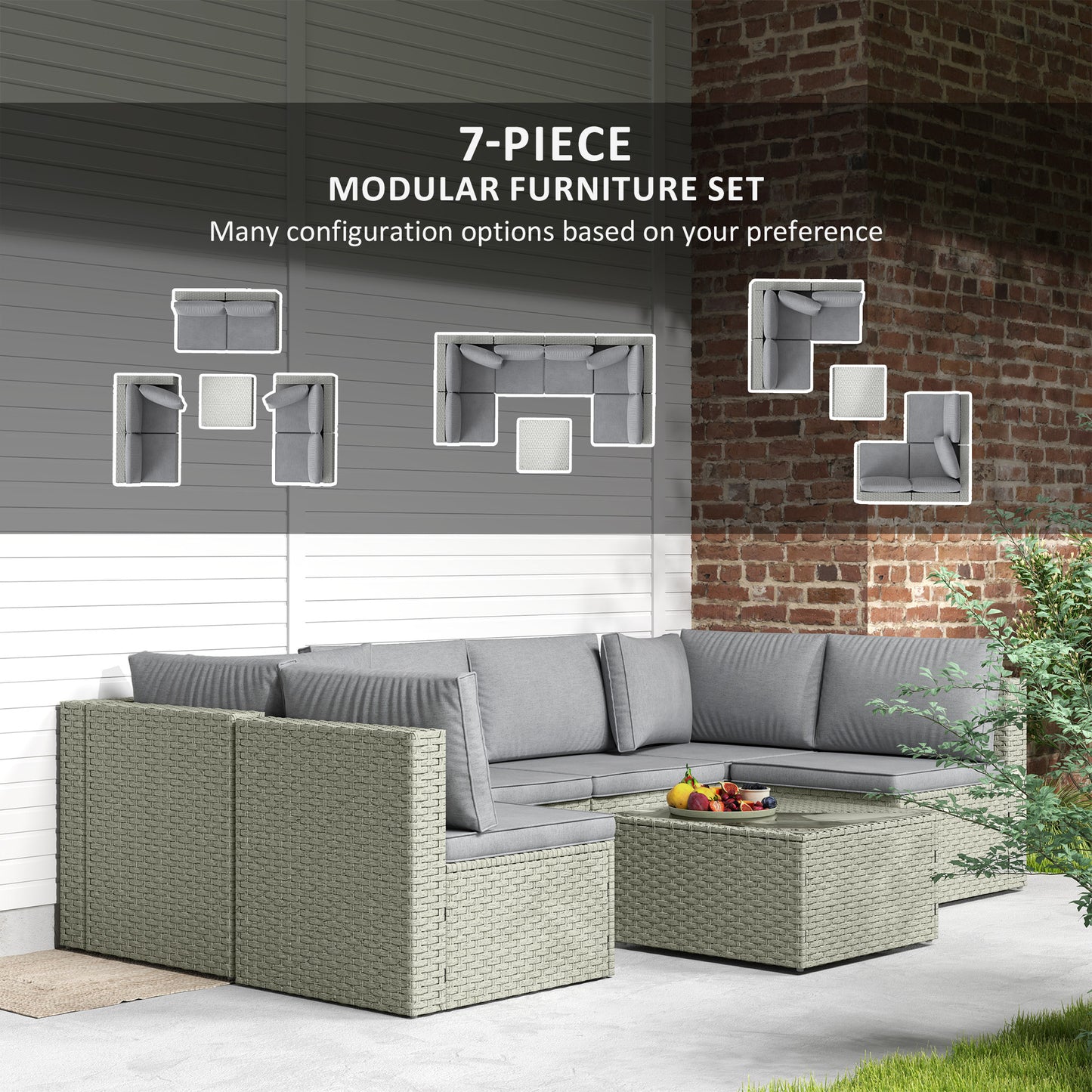 Outsunny Seven Piece Modular Rattan Garden Set With Table And Chairs Light Brown For Outdoor Patio