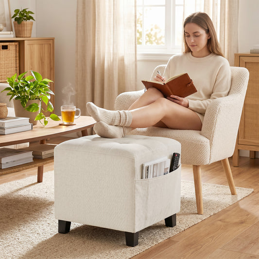 HOMCOM Small Storage Ottoman Square Footstool With Side Pocket Rubber Wood Legs Padded Beige Living Room