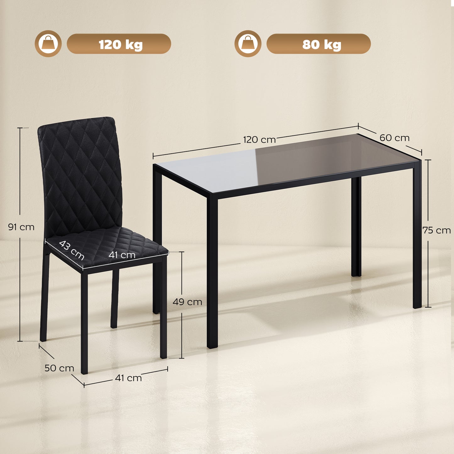 HOMCOM 5 Piece Dining Set With Glass Top Table And Quilted PU Leather Chairs In Black Kitchen
