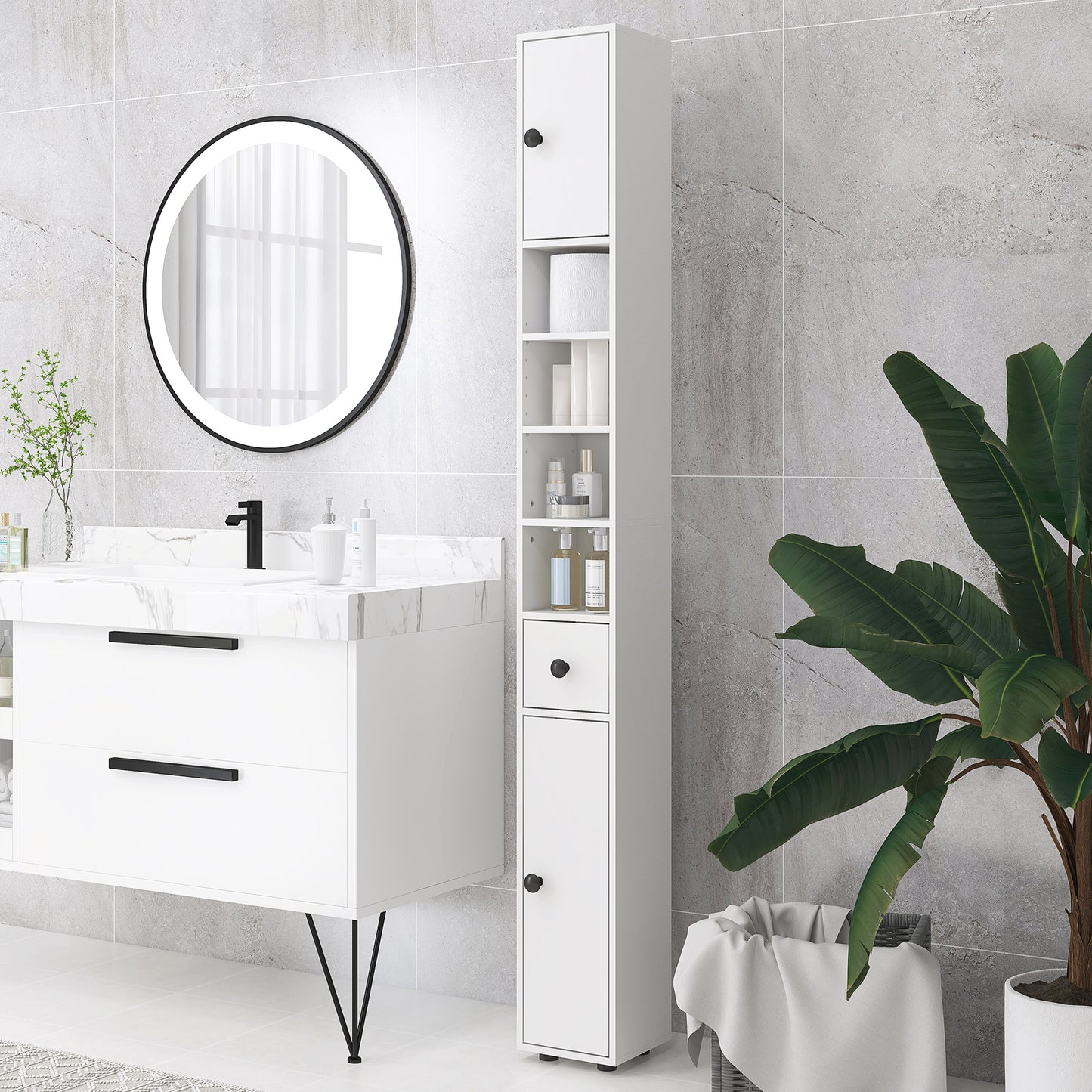 Kleankin 180cm Tall Slim Bathroom Cabinet Narrow Toilet Roll Storage Open Shelves 2 Door Cabinets Adjustable Shelves Kitchen White - ALL4U RETAILER LTD