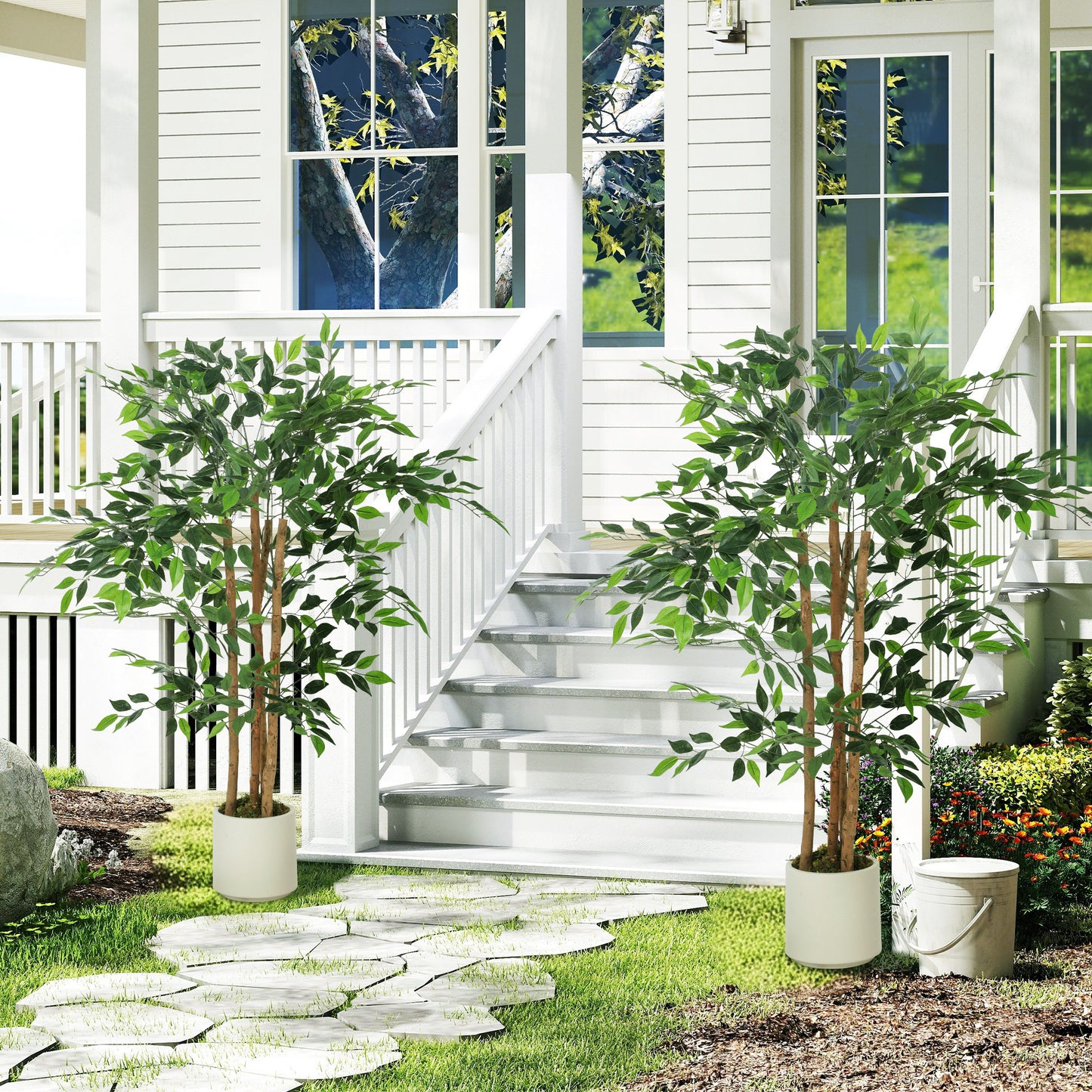 HOMCOM 120cm Artificial Ficus Tree With Solid Wood Trunk And Potted White Pot For Indoor Use Real Touch PEVA Leaves Green