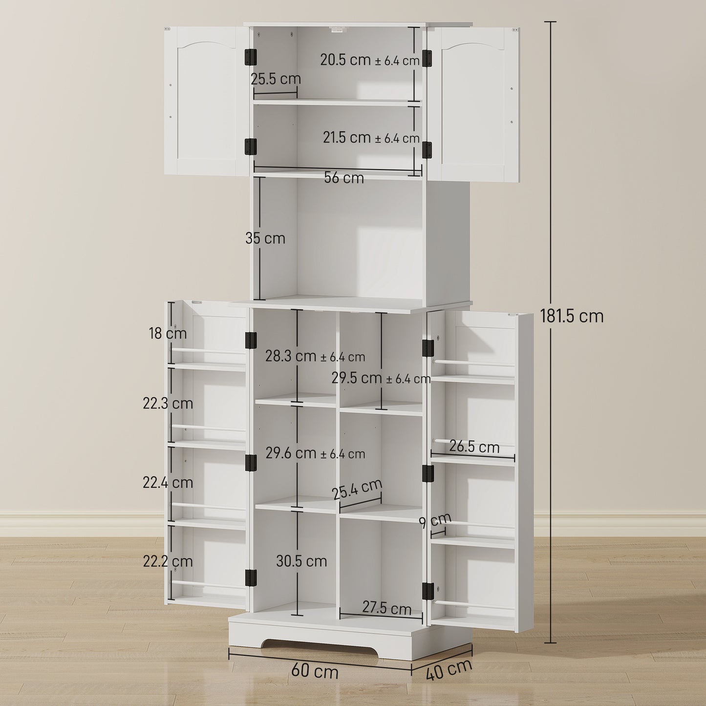HOMCOM 181.5 cm Freestanding Storage Cabinet Tall Kitchen Cupboard With Adjustable Shelves And 8 Door Spice Racks White