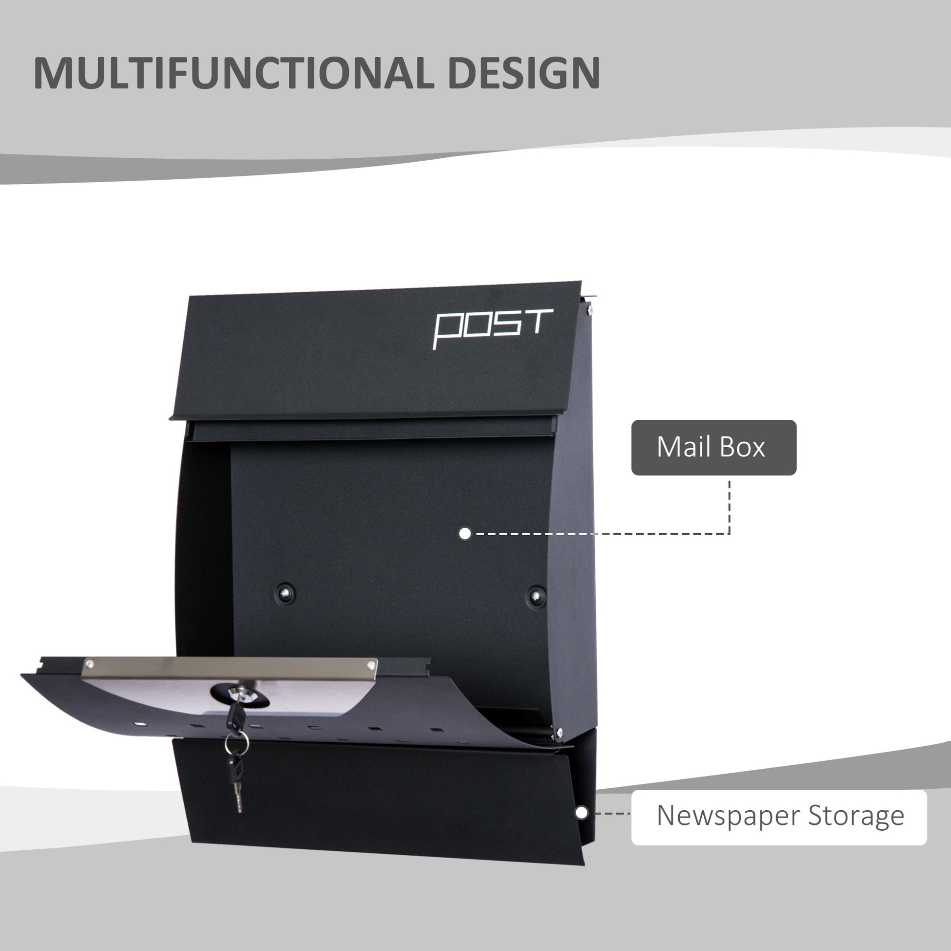 HOMCOM Modern Black Steel Lockable Wall-Mounted Mailbox with Waterproof Lid & Newspaper Holder - ALL4U RETAILER LTD