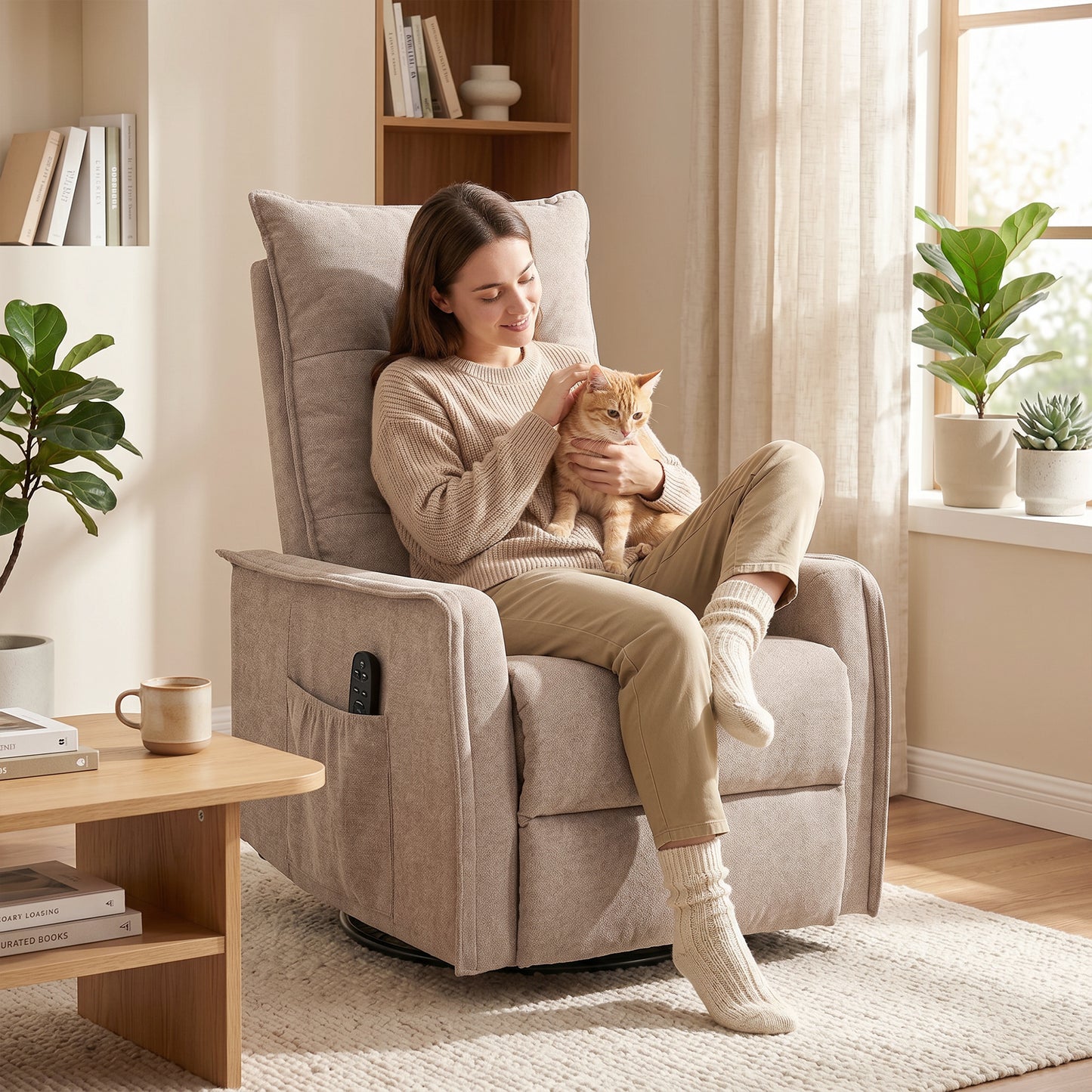HOMCOM Chenille Recliner Armchair With Massage And Heat 360 Degree Swivel Manual Rocking Chair Brown