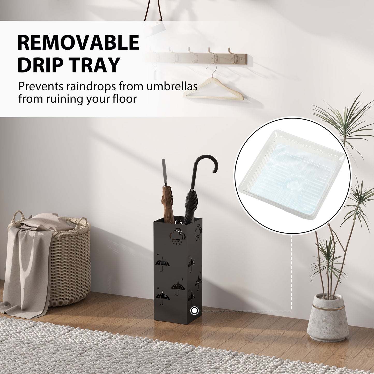 HOMCOM Metal Umbrella Stand Square Holder With Removable Drip Tray And Four Hooks For Hallway And Entryway Black