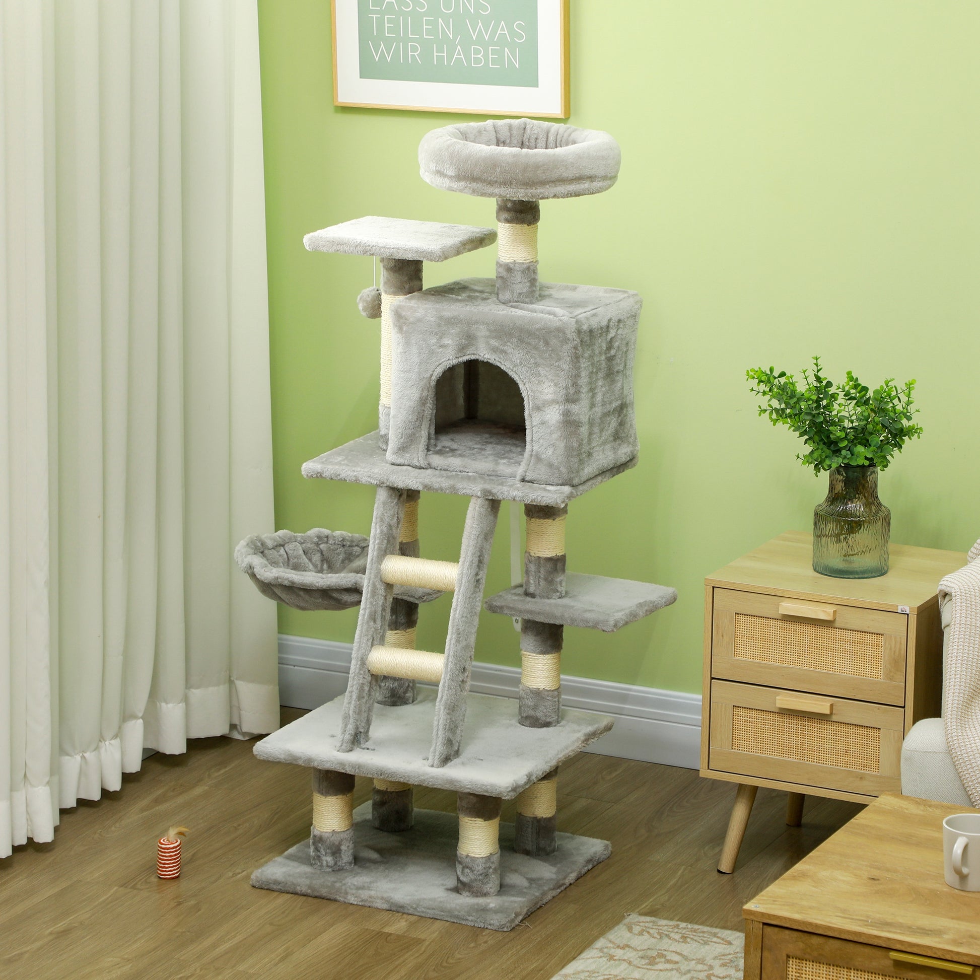 PawHut 132cm Grey Multi-Tier Cat Tree with Scratching Post, Hammock, and Playhouse - ALL4U RETAILER LTD