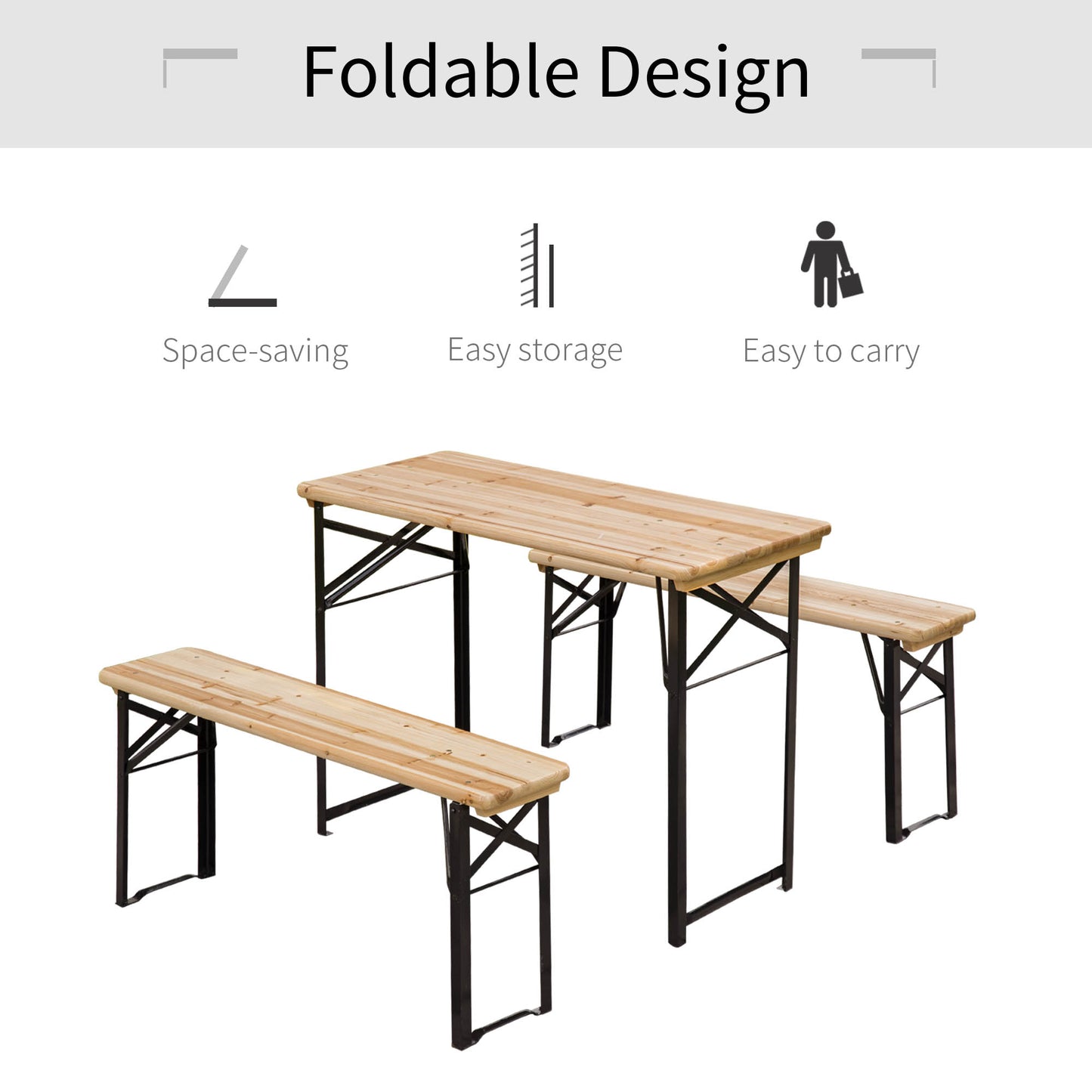 Outsunny Portable Folding Camping Picnic Table And Bench Set With Benches Wooden Trestle Table For Garden BBQ 120cm