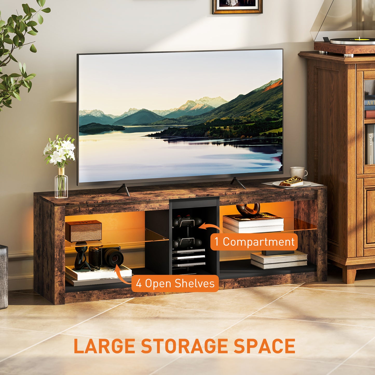 HOMCOM TV Stand Cabinet With LED Lights And Remote For 65 Inch TVs Rustic Brown Entertainment Centre
