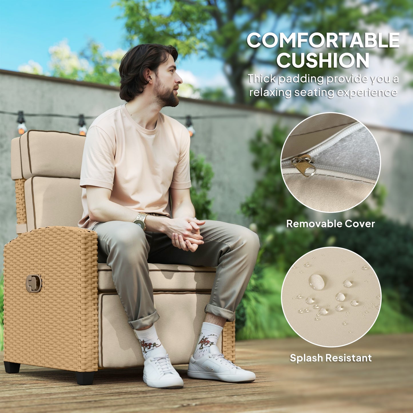 Outsunny 145 Degree Reclining Rattan Armchair With Footrest Khaki Beige Outdoor Lounge Chair