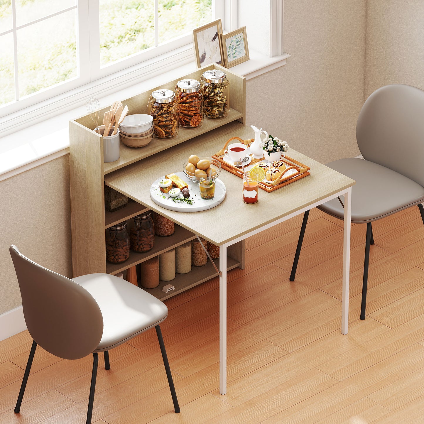 HOMCOM Folding Dining Table With 4 Tier Shelves Drop Leaf Kitchen Table In Oak Wood Effect