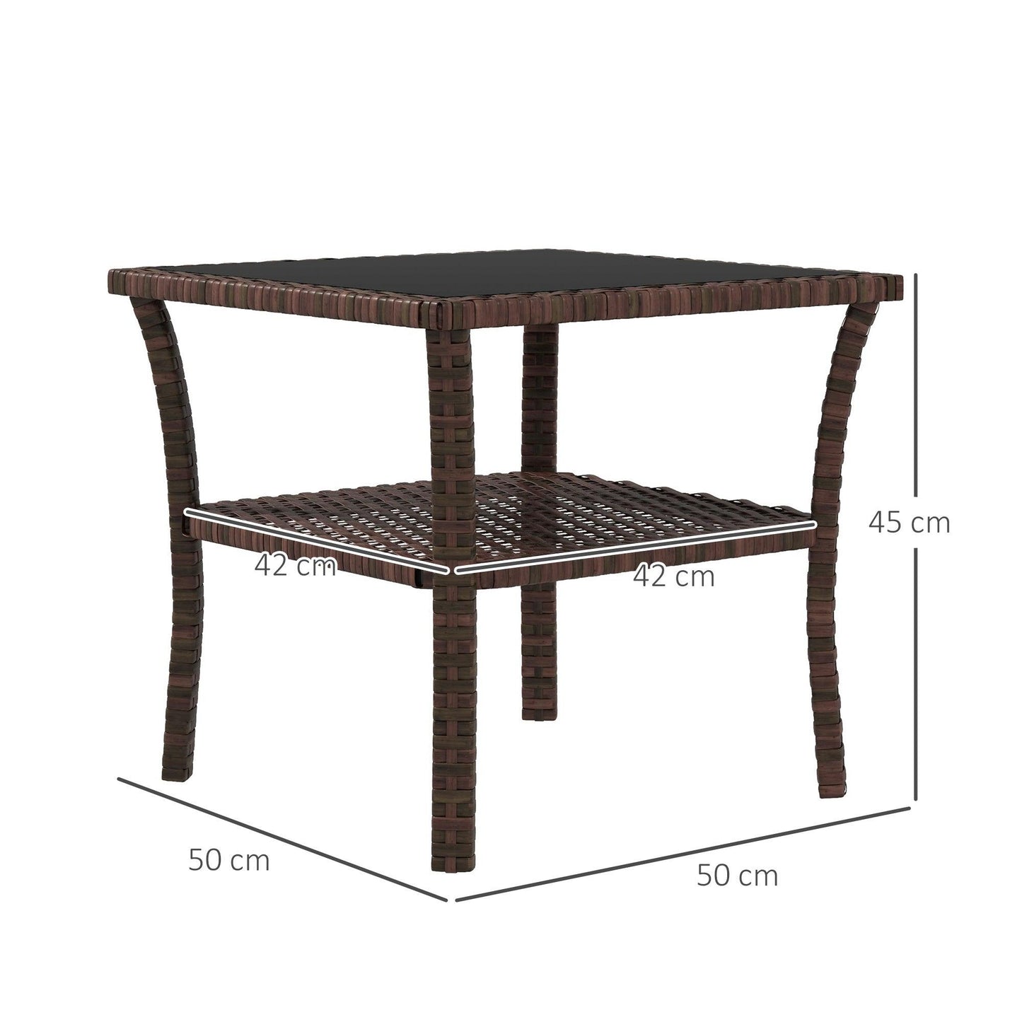 Outsunny 50cm Outdoor PE Rattan Coffee Table, Patio Wicker Two-tier Side Table with Glass Top, for Patio, Garden, Balcony, Brown - ALL4U RETAILER LTD