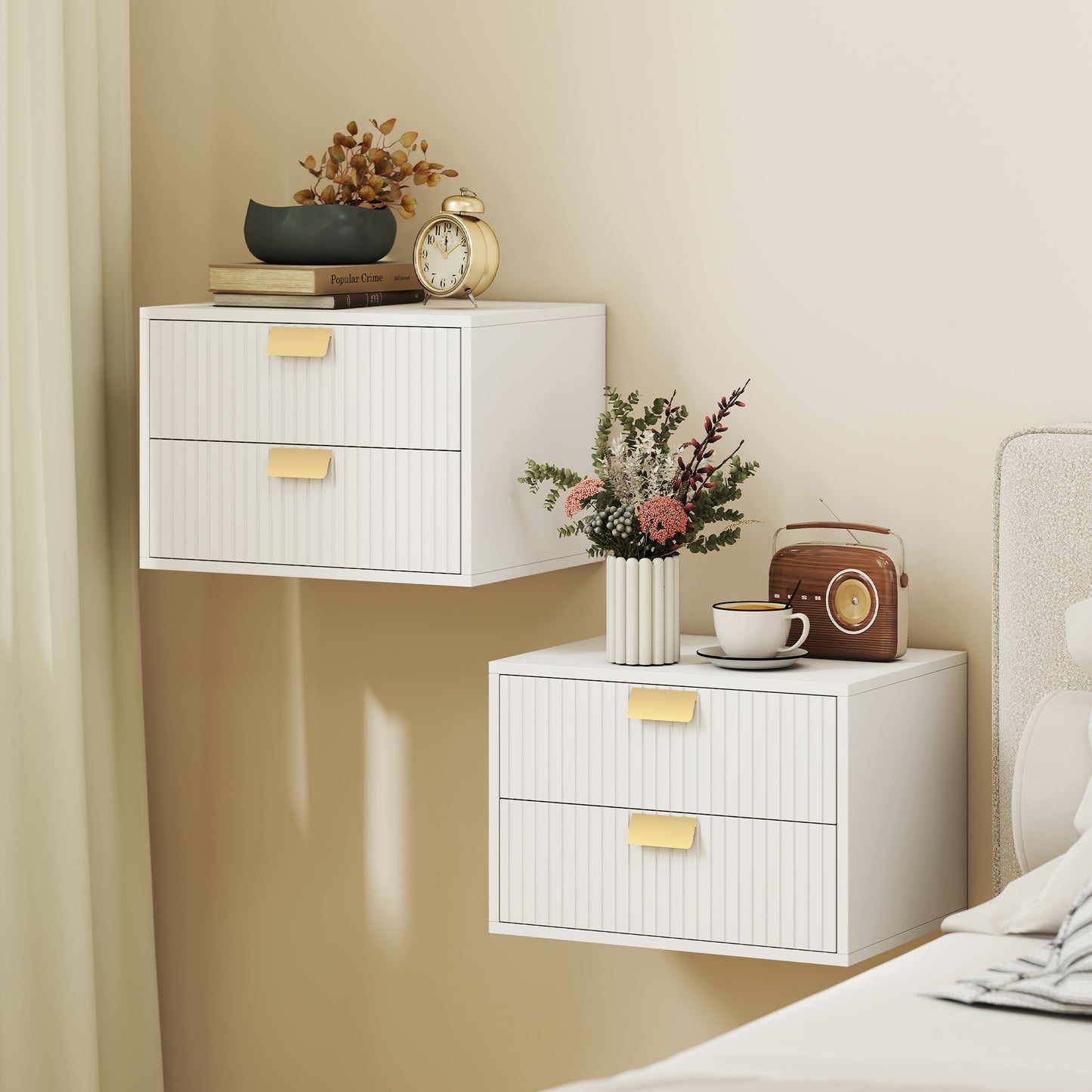 HOMCOM Set Of 2 White Floating Wall Mounted Nightstands With Drawers