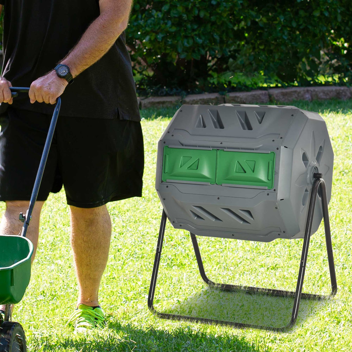 Outsunny 160L Outdoor Dual Chamber Tumbling Composter with 360° Rotation, Sliding Doors & Sturdy Steel Frame in Grey - ALL4U RETAILER LTD