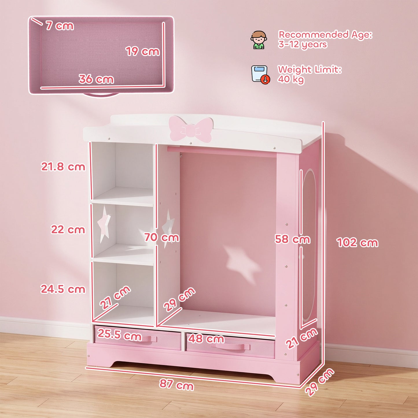 AIYAPLAY Kids Wardrobe With Lighted Mirror Pink Storage Cabinet For Bedroom