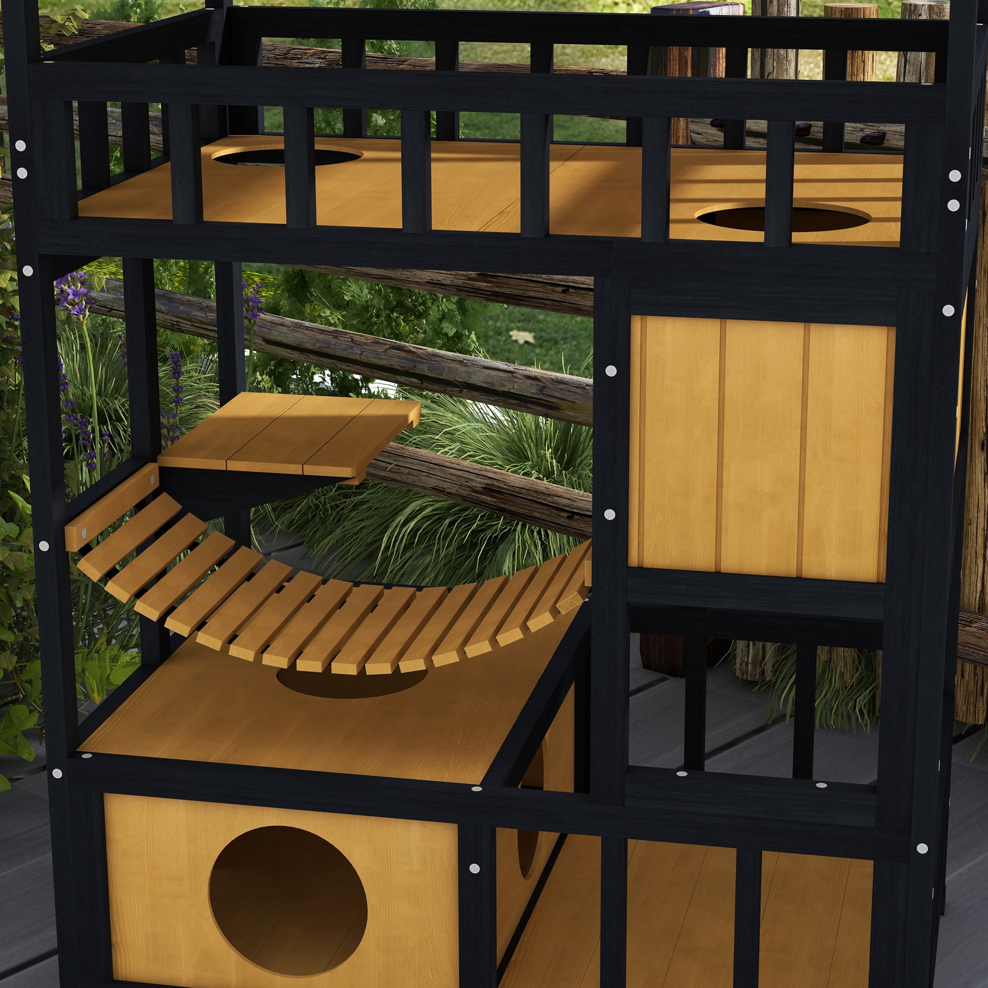 PawHut Multi-Level Outdoor Cat Playground with Suspension Bridge and Escape Routes - ALL4U RETAILER LTD