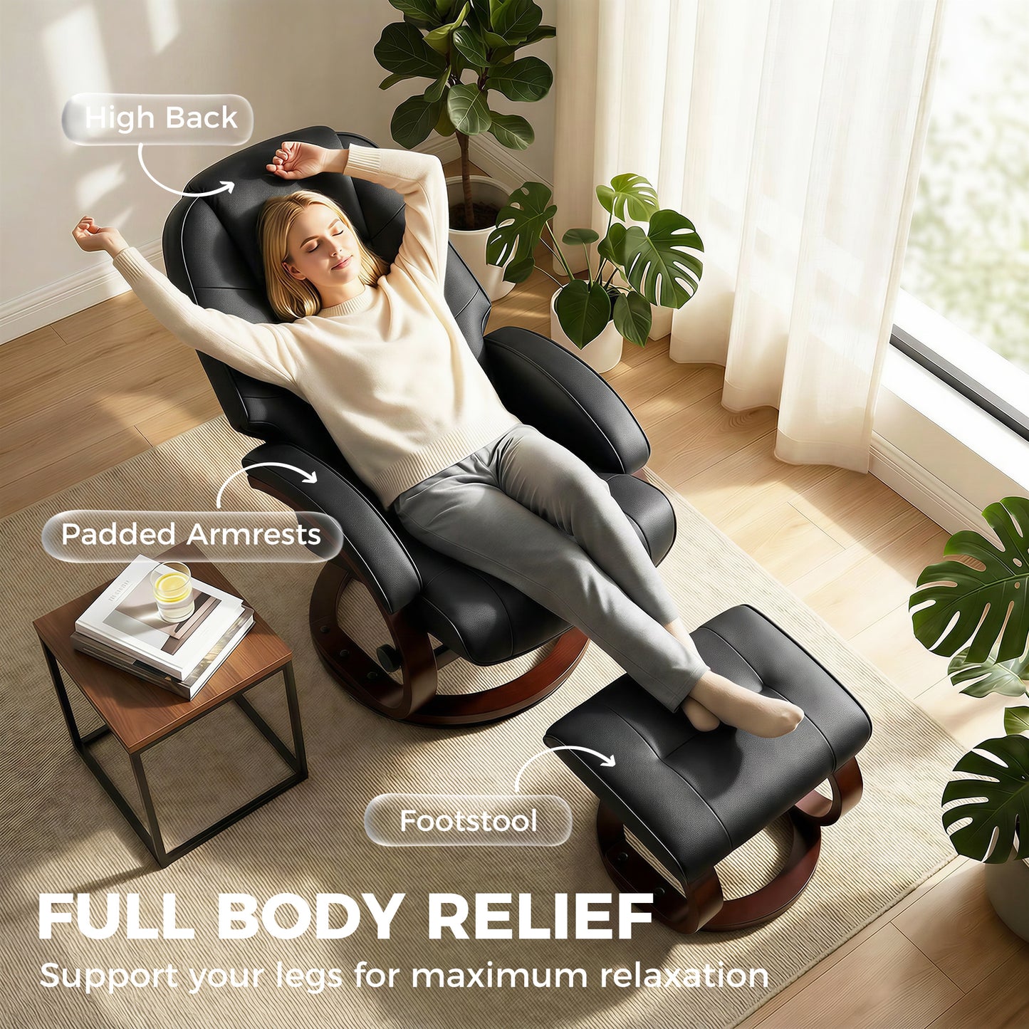 HOMCOM Swivel Recliner Chair With Footstool PU Leather Adjustable Back Wood Frame Black