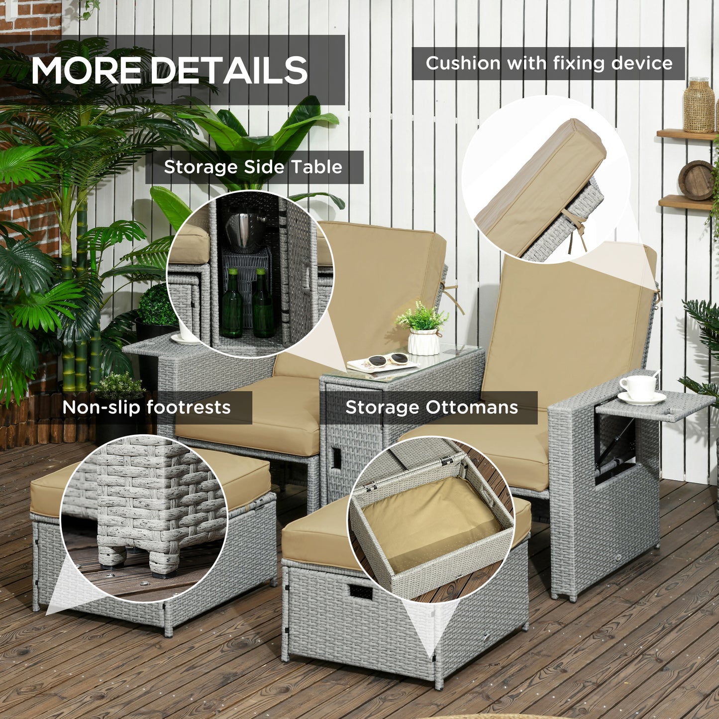 Outsunny 5 Piece PE Rattan Sun Lounger Set With Adjustable Recliners And Storage Footstools Glass Top Table Beige