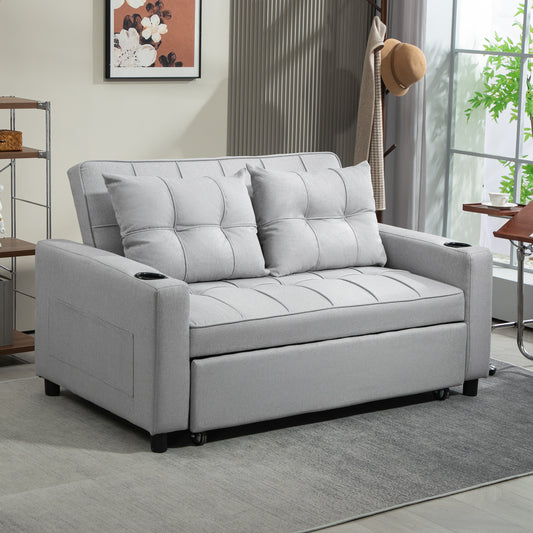 HOMCOM Two Seater Pull Out Sofa Bed Light Grey Click Clack With Three Level Adjustable Back Linen Look Upholstery