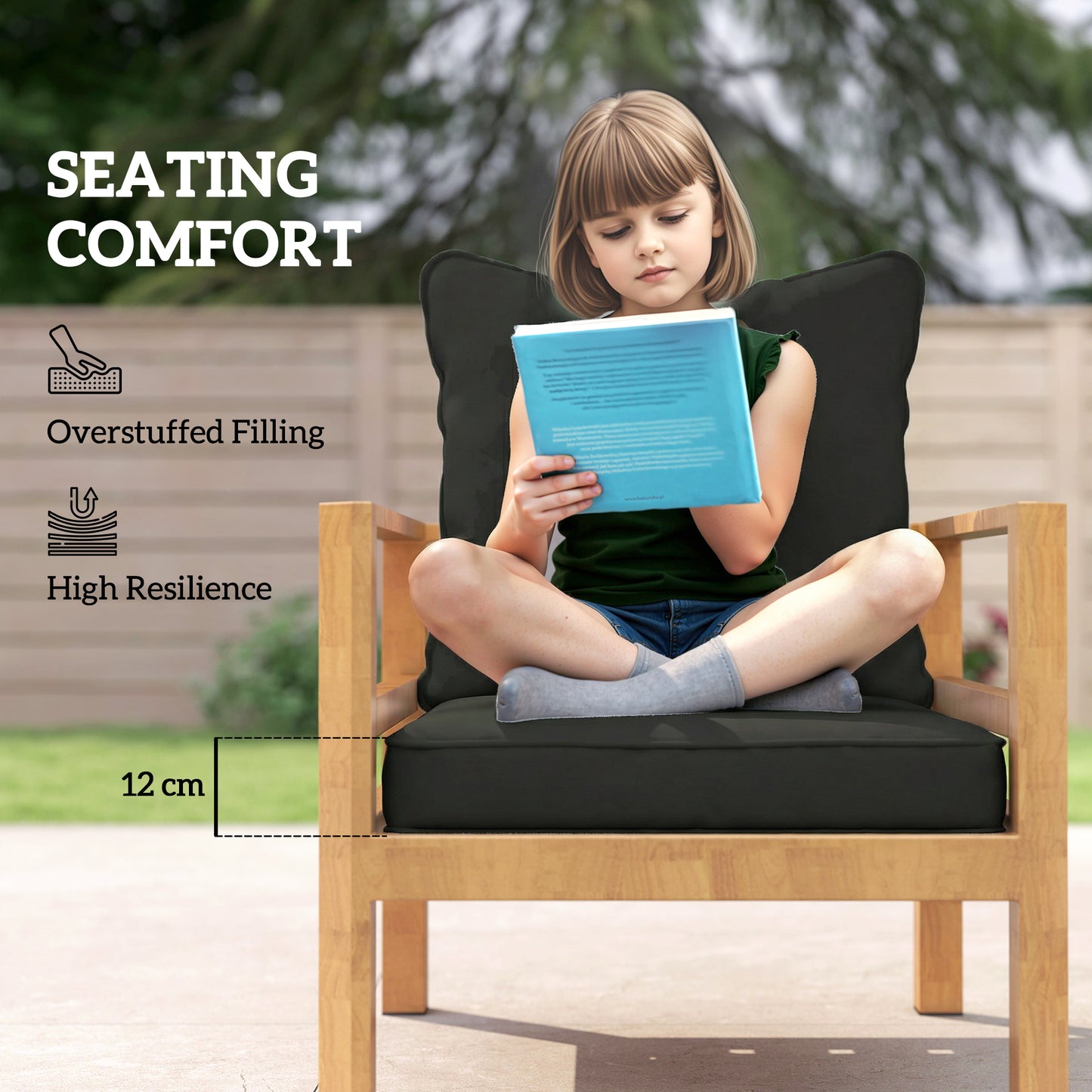 Outsunny Seat and Back Padded Cushion Set Two Cushions Black Outdoor Patio for Garden Furniture