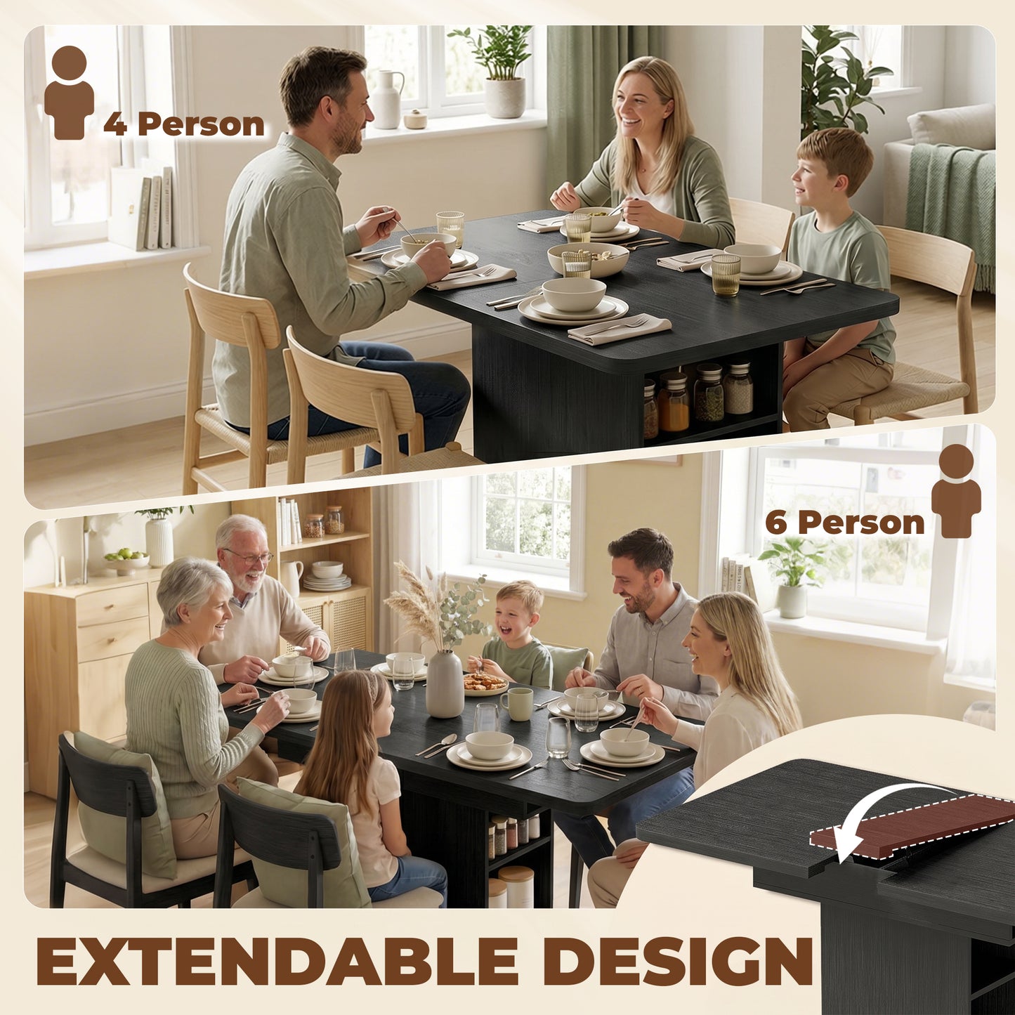 HOMCOM Extendable Dining Table For 4 To 6 People 110 To 130 Cm Black 3cm Thick MDF Top