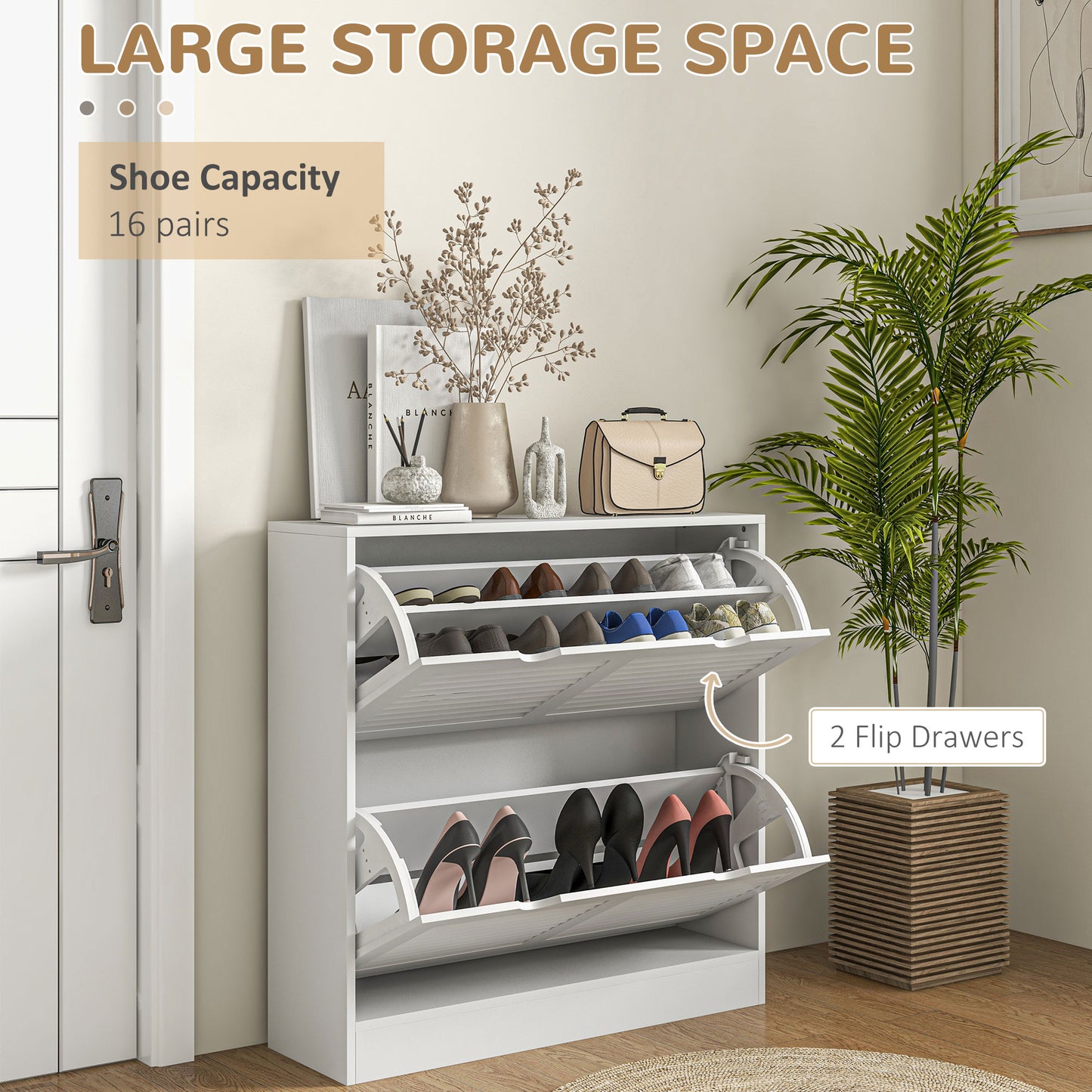 HOMCOM Narrow Entryway Shoe Cabinet With 2 Flip Drawers Louvered Doors Adjustable Shelves Fits 16 Pairs White
