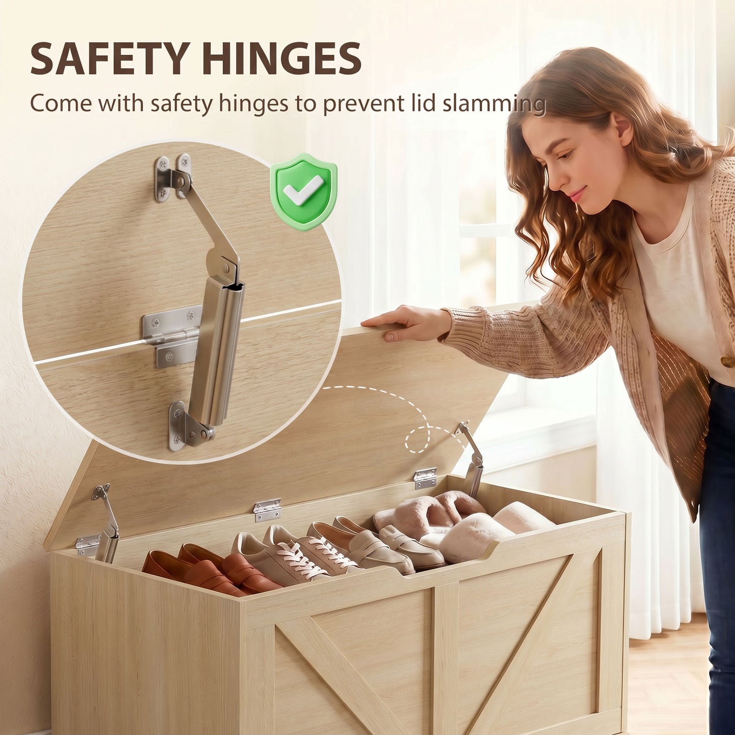 HOMCOM 127L Storage Box With Safety Hinges And Flat Lid Nature Wood Finish Ideal For Blanket Storage And Seating