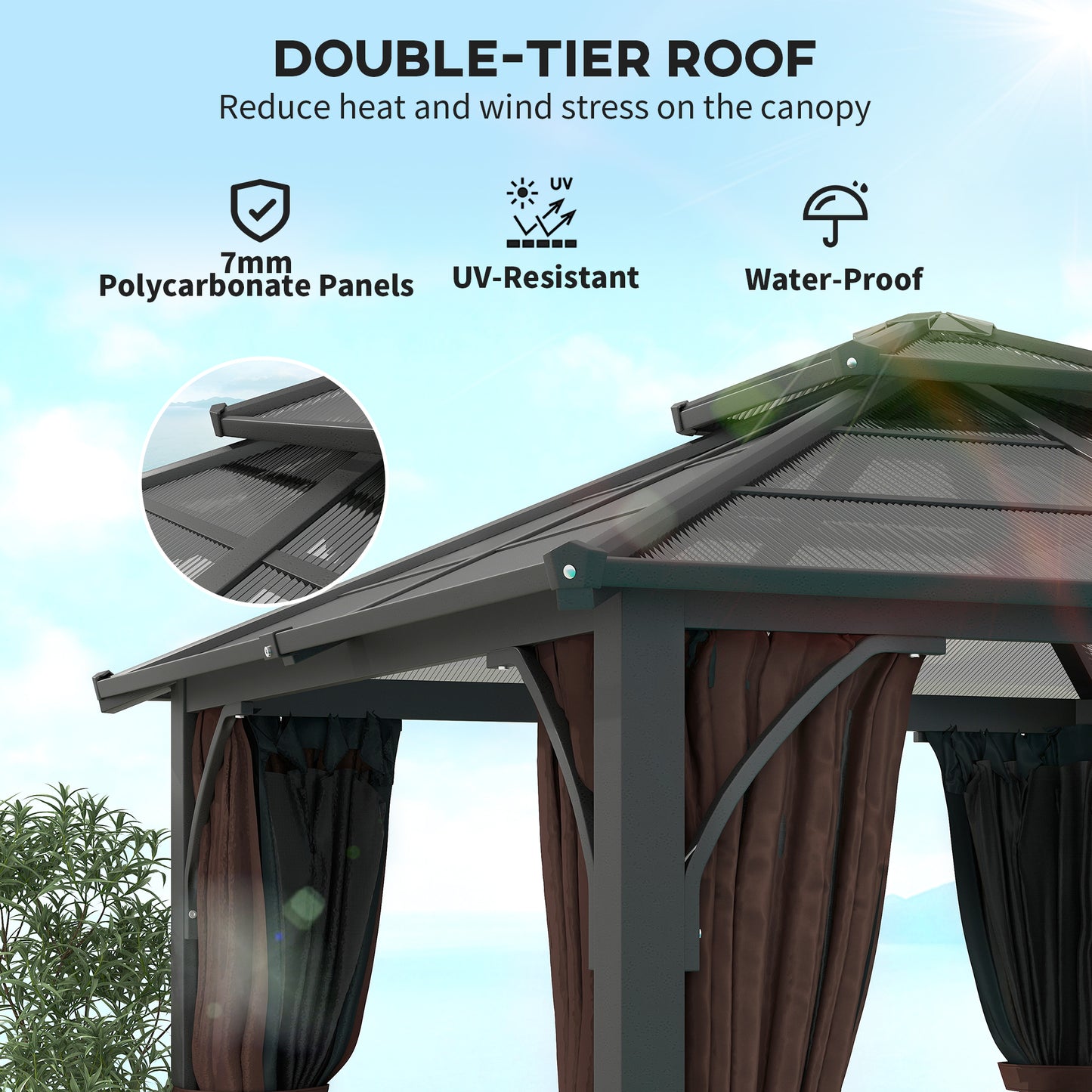 Outsunny 3x3m Hardtop Gazebo With 7mm Polycarbonate Double Tier Roof Garden Patio Mosquito Netting Curtains Brown