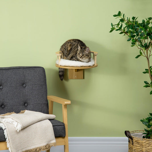 PawHut Cat Shelf Wall Mounted Cat Tree with Cushion, Guardrails 34 x 34 x 10.5cm - ALL4U RETAILER LTD