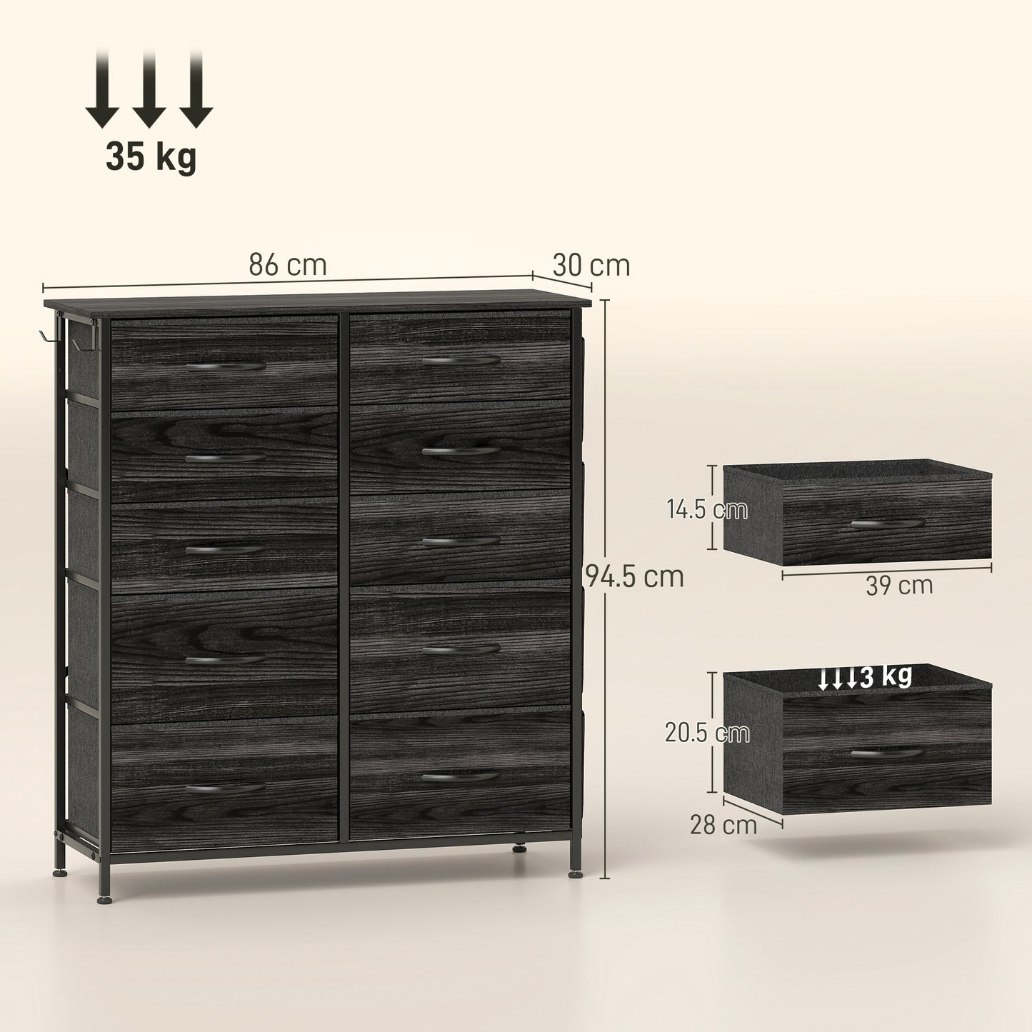 HOMCOM Fabric Chest of Ten Drawers with Steel Frame Black Six Small and Four Large Drawers, Four Pockets and Two Hooks