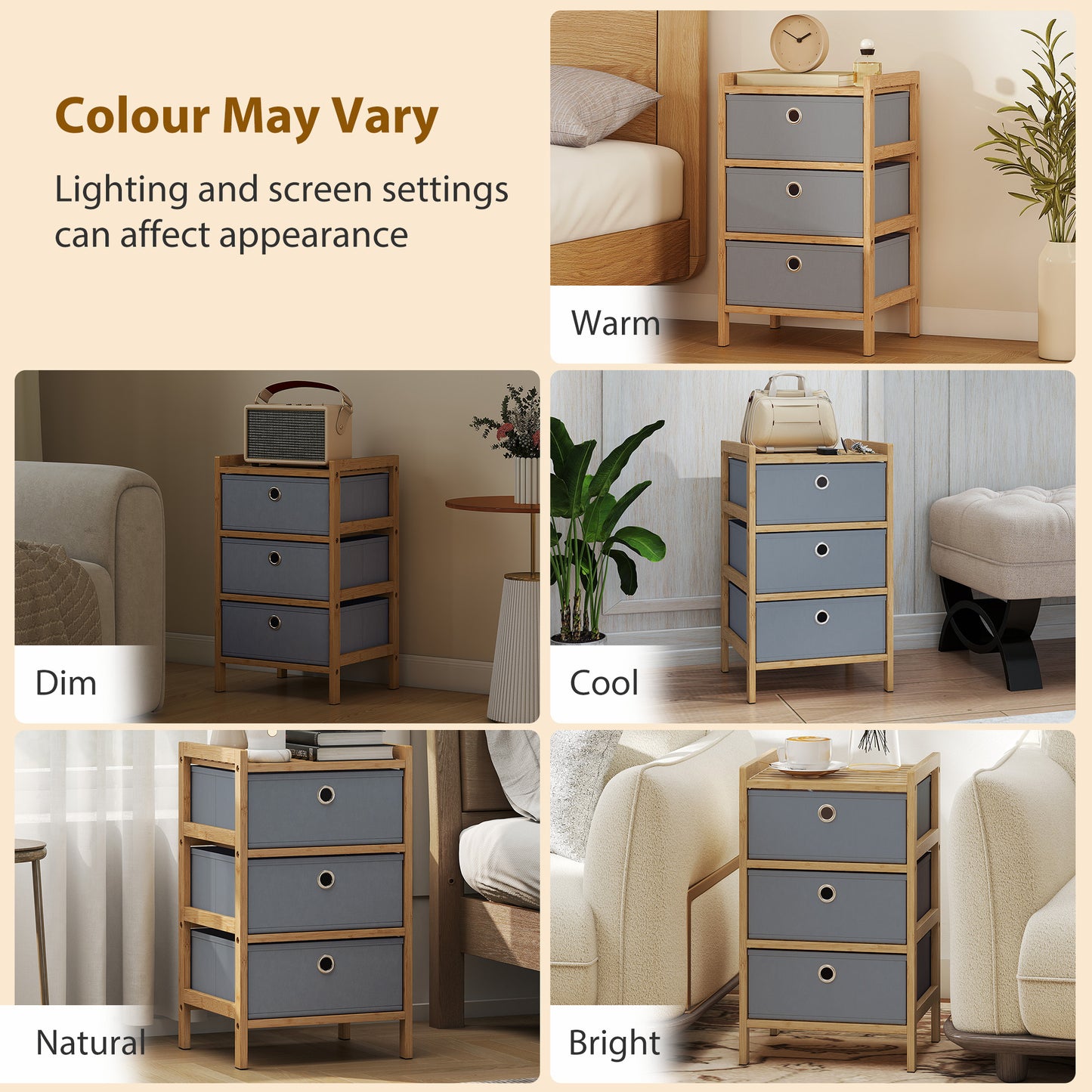 HOMCOM Narrow Chest Of Drawers With Bamboo Frame And 3 Fabric Drawers In Light Grey