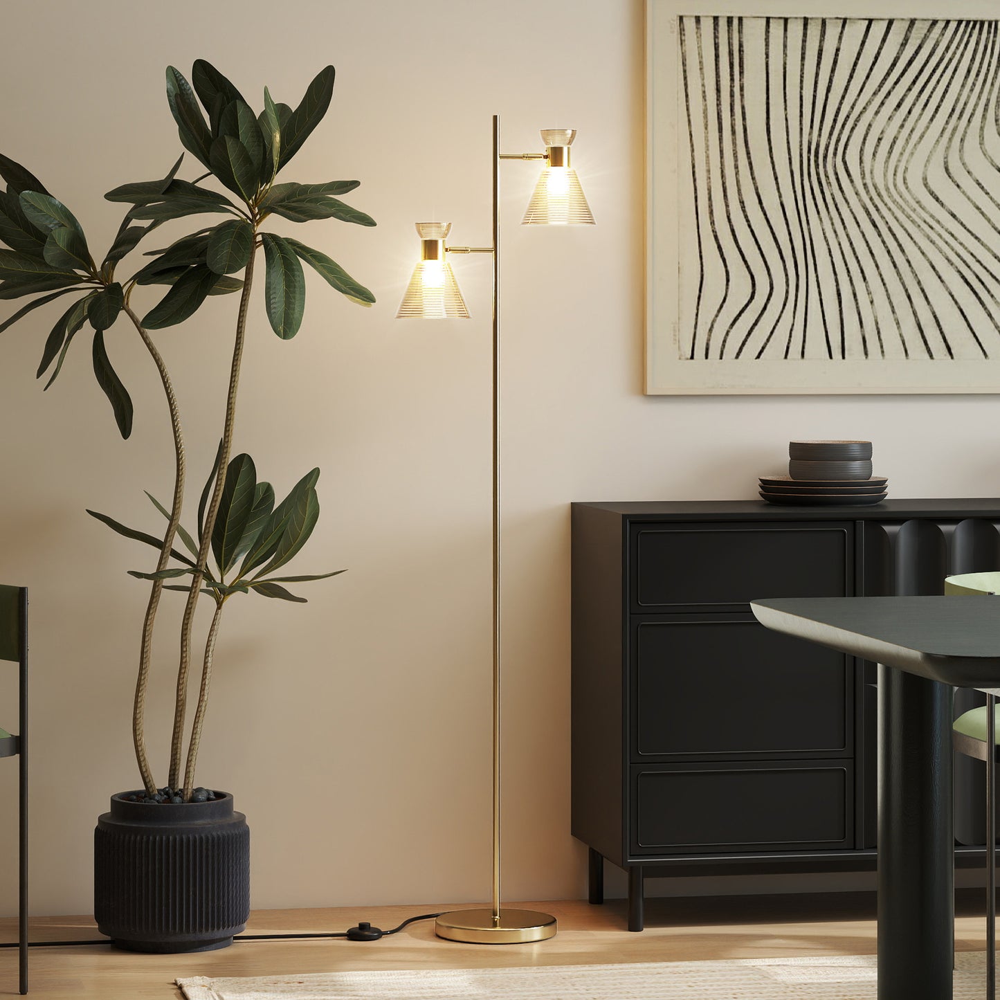 HOMCOM Adjustable Dual Head Floor Lamp With Floral Glass Shades Gold Tone E27 Socket Foot Switch Living Room Bedroom
